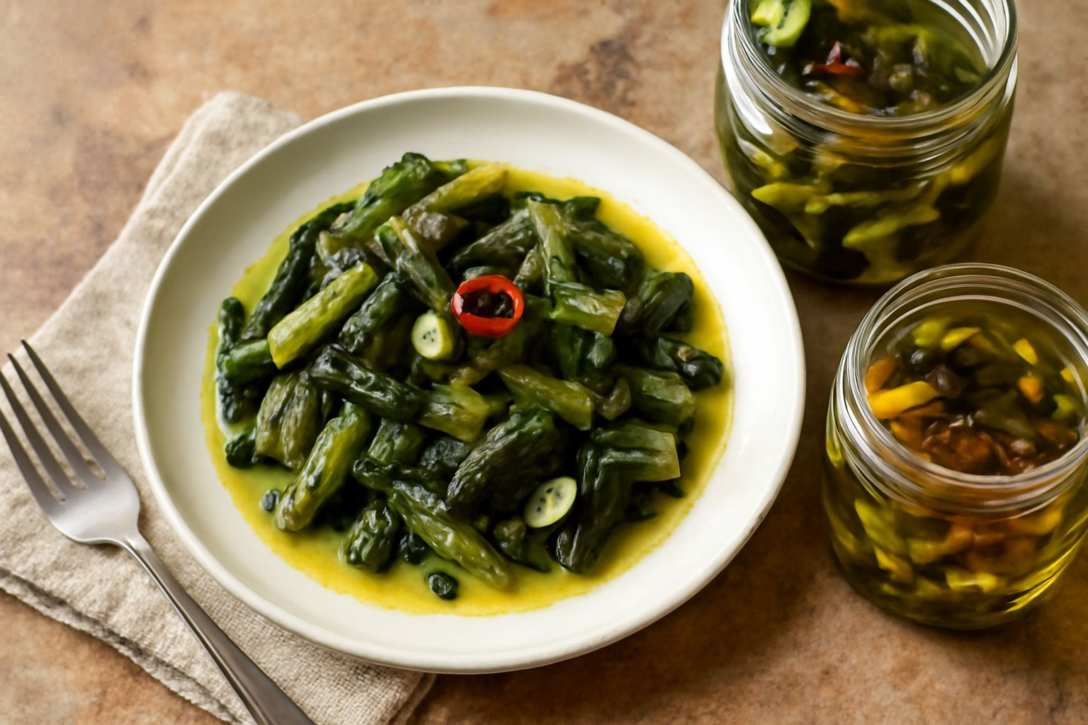 Vasetto di vetro con bietola da coste tagliate a pezzi, immerse in olio giallo dorato, spicchi d'aglio e peperoncino visibili, etichetta di carta bianca