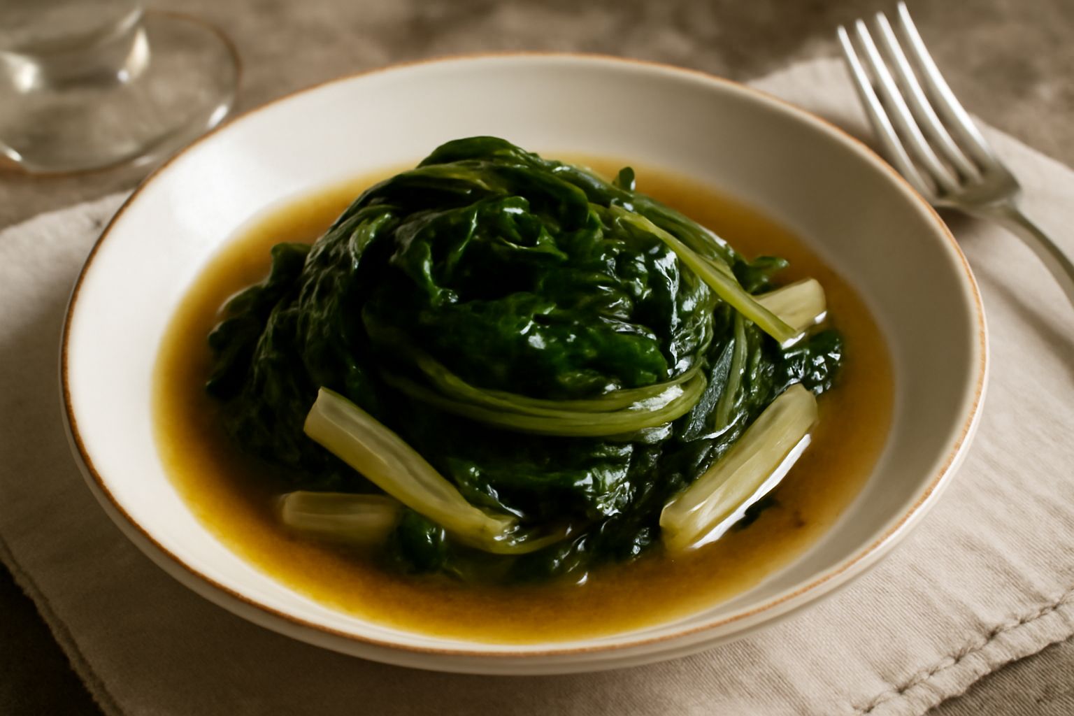 Bietola in umido in piatto bianco, foglie verde scuro e steli bianchi cremosi nel loro sugo, con gocce di olio d'oliva lucido, aglio leggermente dorato visibile
