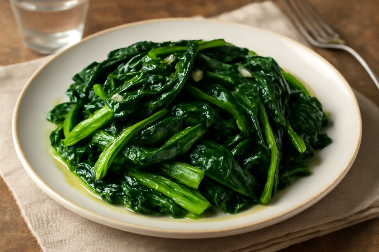 Piatto bianco con bietola lessa fredda tagliata in strisce, colore verde intenso e bordi leggermente arricciati, condita con olio extravergine dorato e spicchi di aglio, bordo del piatto leggermente u