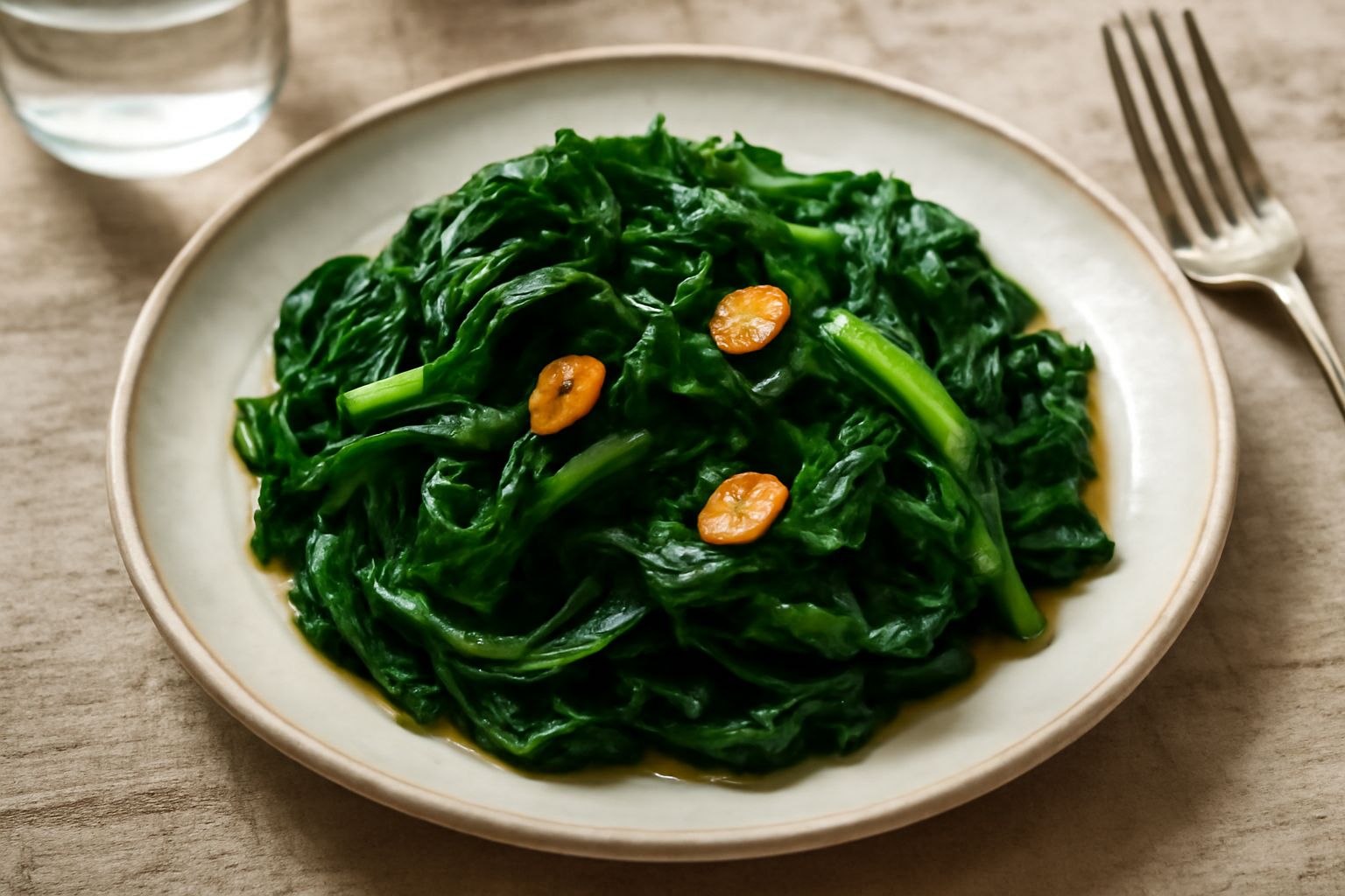Bietola ripassata servita in un piatto bianco, foglie verde intenso croccanti, aglio dorato immerso nell'olio, leggera doratura sui bordi delle foglie