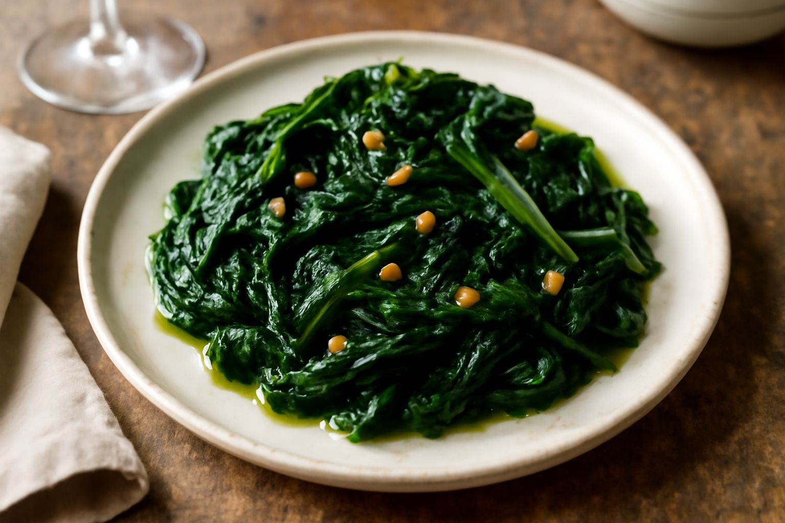 Bietole verdi ripassate in padella con aglio dorato, olio d'oliva lucido e uno spicchio d'aglio intero accanto, servite in un piatto bianco con contorno di pane tostato