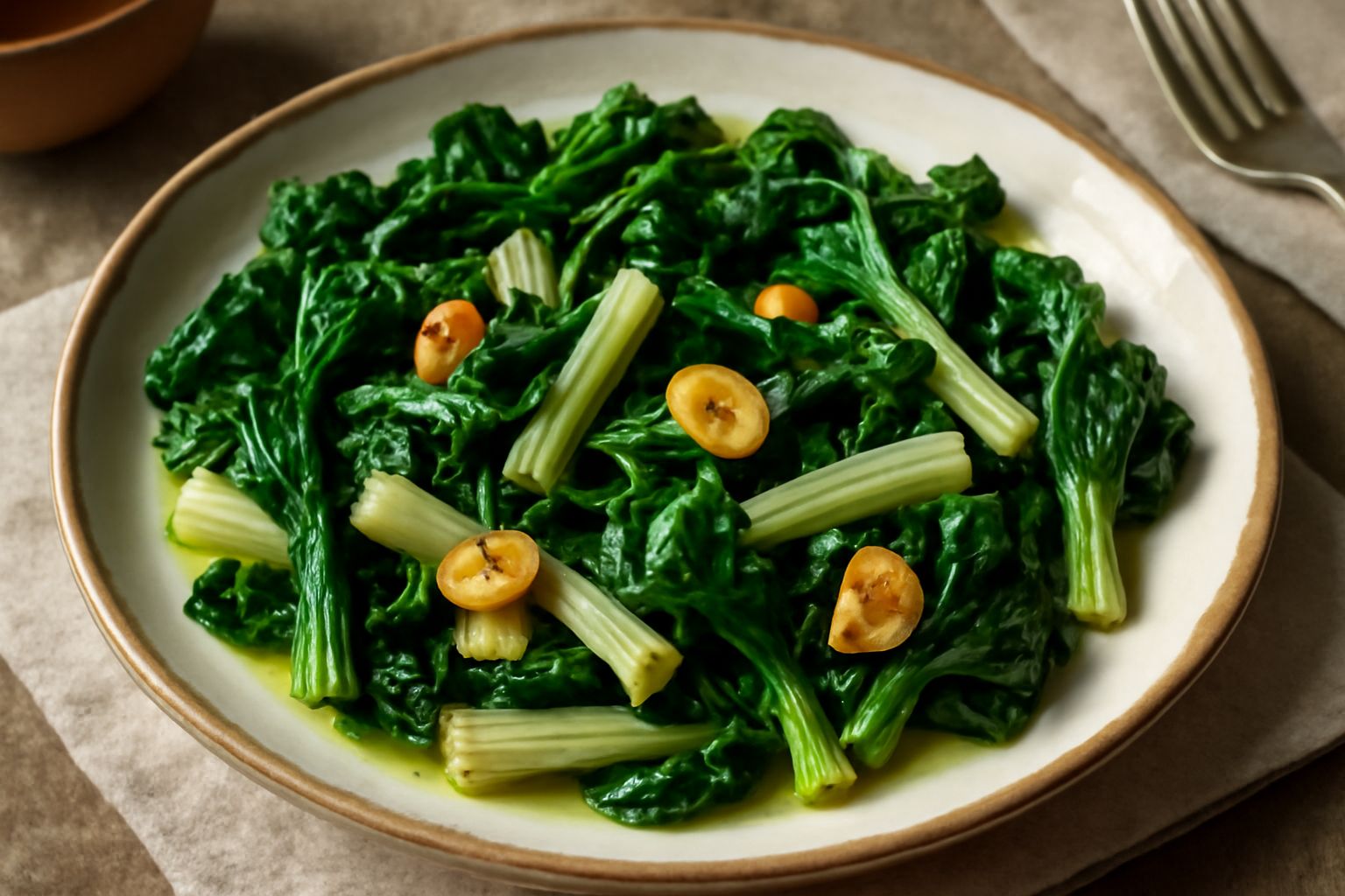 Bietole saltate in padella con aglio dorato, foglie verde scuro ancora croccanti, olio lucido nella padella, spicchi d'aglio visibili tra le verdure