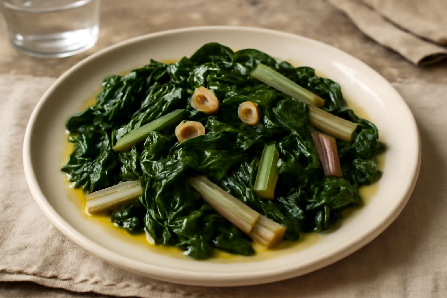 Bietole verdi scure con steli bianchi e rosati, saltate in padella, coperte di olio brillante e lamelle d'aglio dorate, servite in piatto bianco con filo di olio a crudo