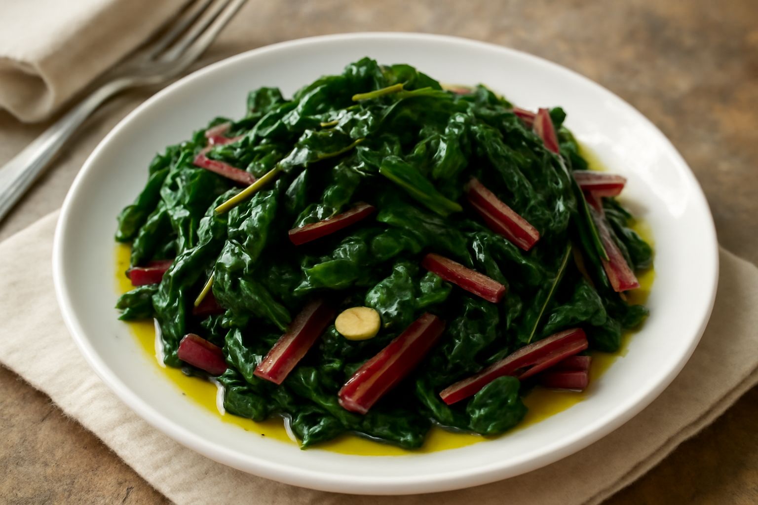 Bietole dolci saltate in una padella bianca, foglie verde scuro e steli rossi brillanti, aglio affettato dorato, olio lucido sulla superficie, piatto in primo piano su tavolo in legno