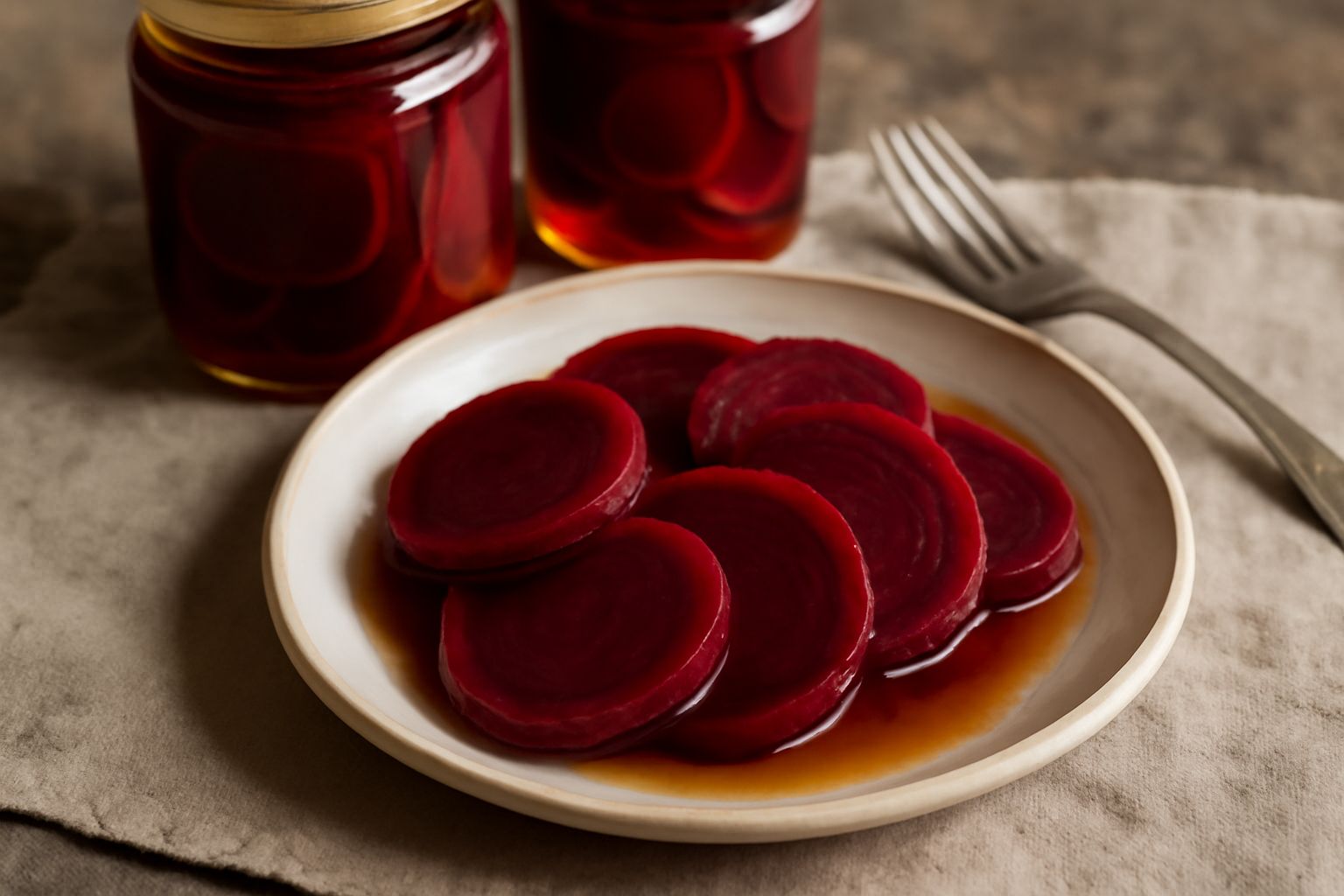 Barattoli di vetro con bietole rosse in conserva, immerse in liquido trasparente con aceto, con specchi di lamiera dorata e etichetta bianca. Accanto, una bietola fresca intera con foglie bordeaux e r