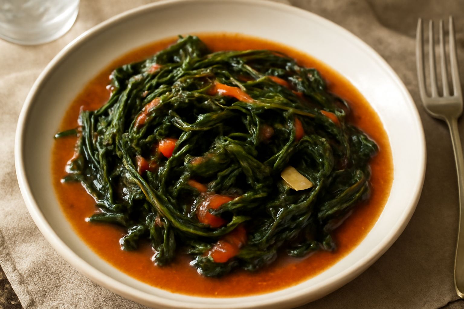 Bietole in umido color verde scuro servite in un piatto fondo bianco, con sugo rosso di pomodoro, striscioline di verdura tenera e gocce di olio d'oliva visibile sulla superficie