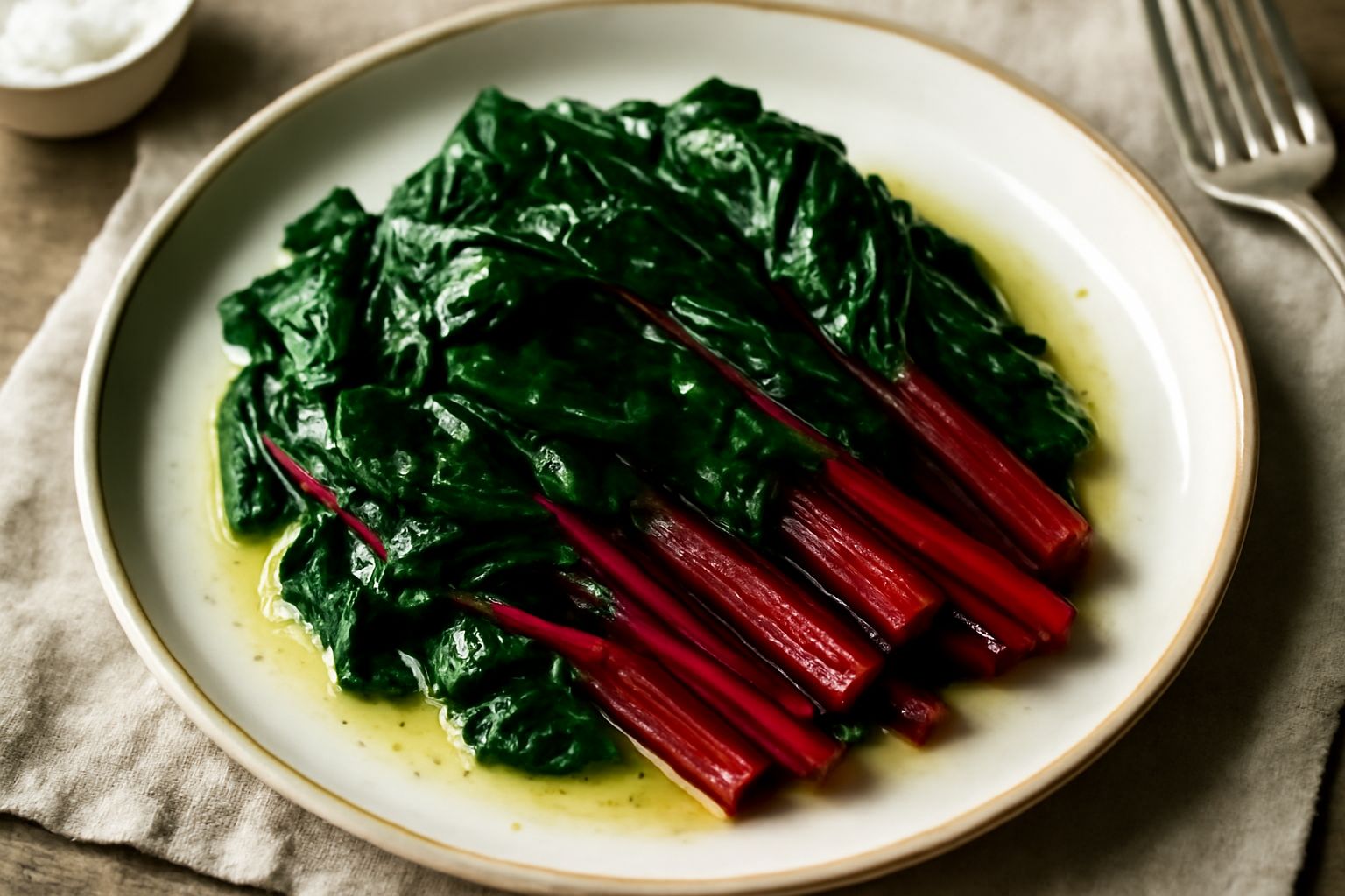 Piatto bianco con bietole lesse ancora calde, foglie verde scuro e gambi rosso intenso, condite con olio e limone, con uno spicchio di limone sul bordo