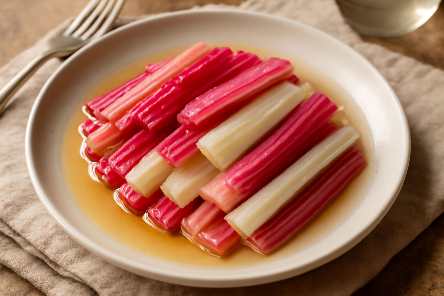 Bietole marinate in barattolo di vetro, strisce rosa e bianche brillanti immerse in liquido trasparente con spezie visibili, servite in piatto bianco con aglio e peperoncino