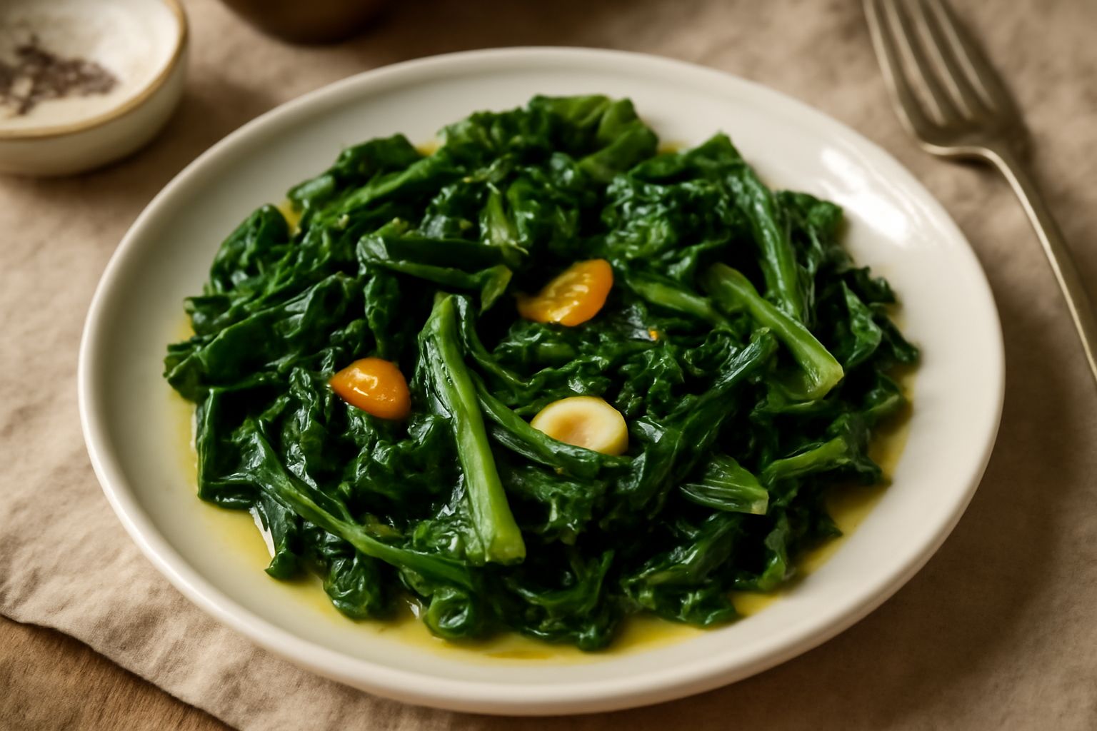 Bietole verdi scure in una padella di ferro, saltate con aglio dorato e olio, servite su un piatto bianco con bordo azzurro, vapore appena visibile