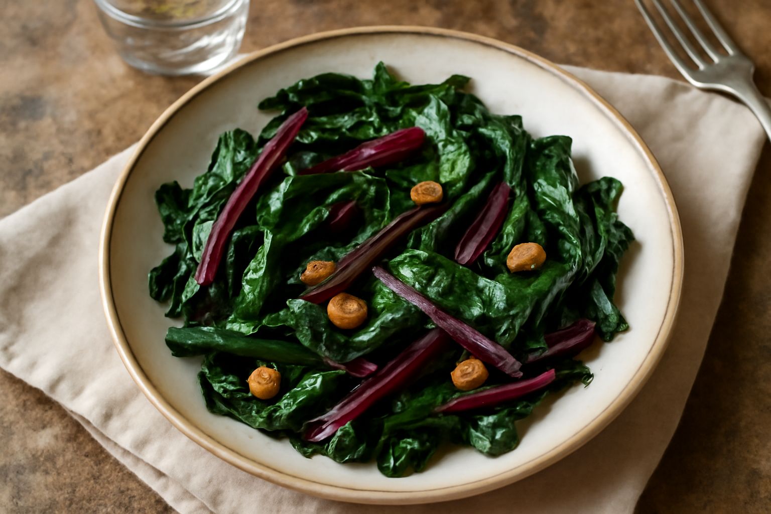 Bietole verdi e rosse ripassate in padella, lucide di olio, con spicchi d'aglio dorato, servite in un piatto bianco con orlo rustico