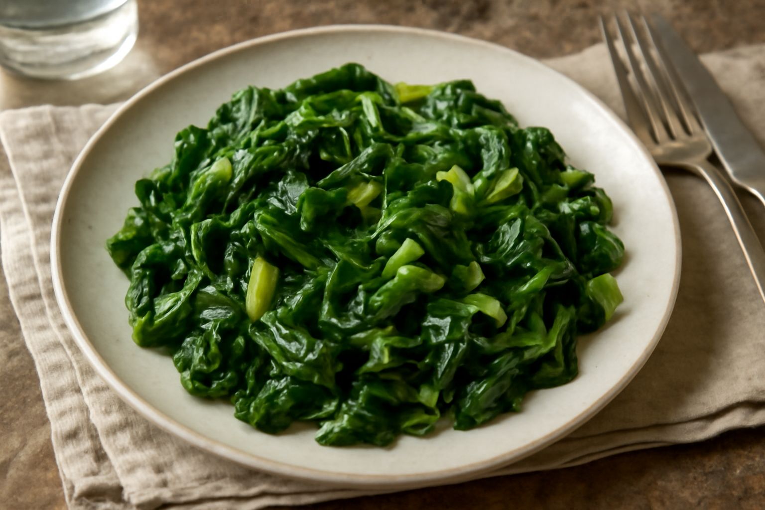 Bietole verdi appena saltate in padella con aglio dorato e gocce di olio brillante, bordo della padella leggermente sfocato