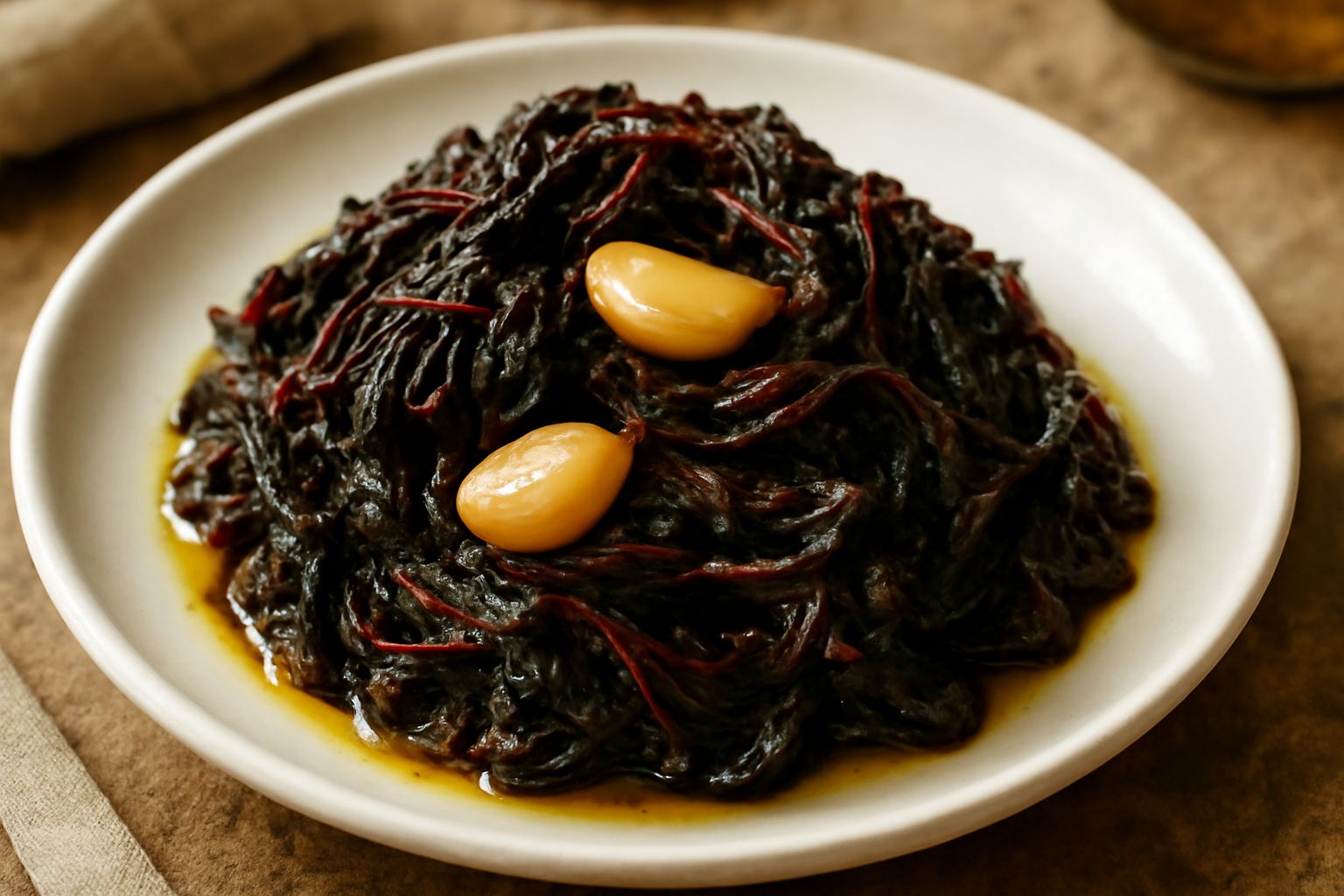 Bietole rosse stufate in una ciotola di ceramica bianca, foglie morbide e scure, aglio dorato sparso in superficie, olio lucido che le ricopre, su fondo di marmo chiaro