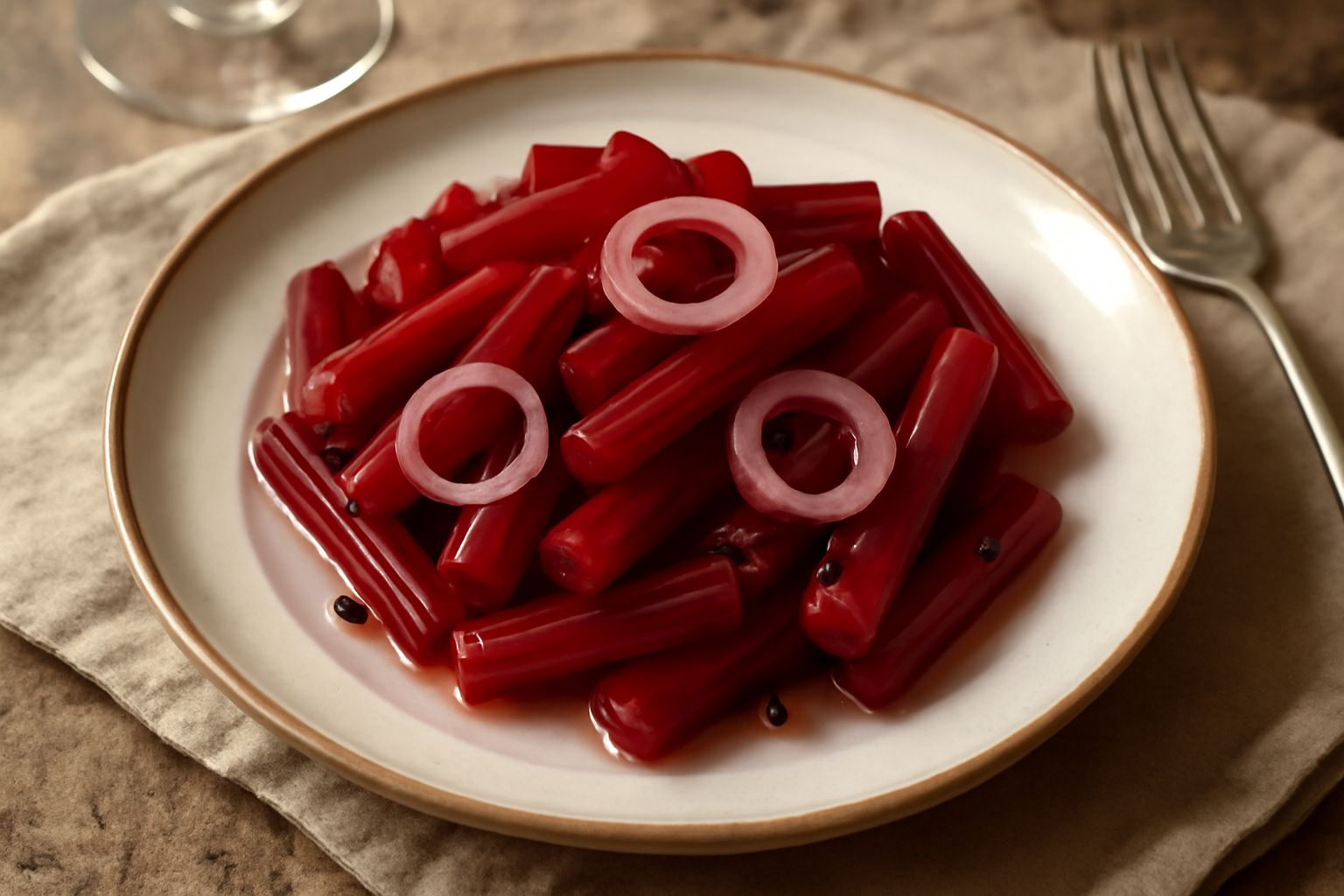 Barattoli di vetro con bietole tagliate a bastoncini di colore rosso scuro, immerse in liquido trasparente con aceto e spezie, su un tavolo di legno chiaro con una bietola intera accanto