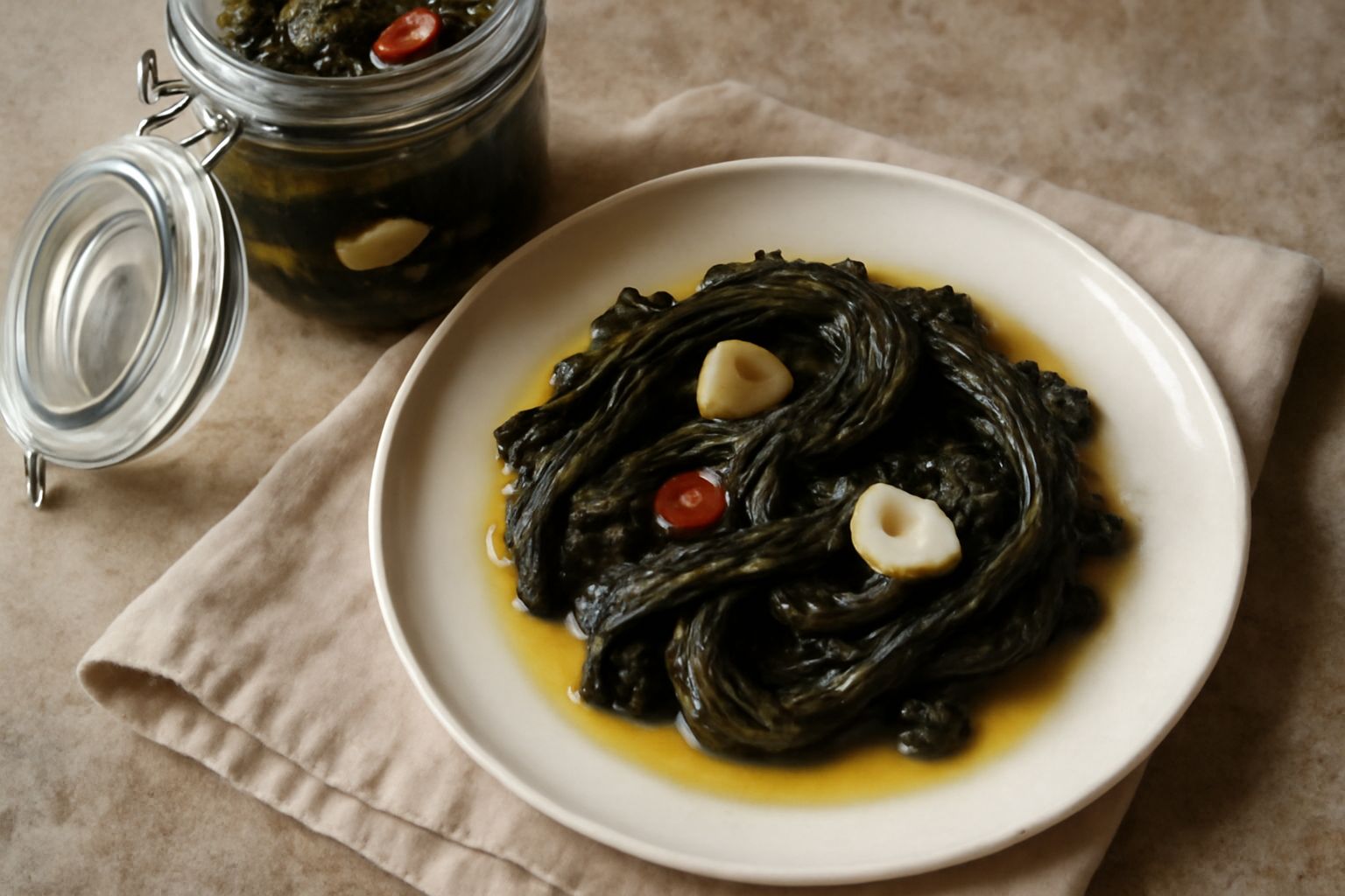 Barattolo di vetro con bietole tagliate a strisce immerse in olio trasparente dorato, con spicchi d'aglio e peperoncino rosso vivo visibili tra le verdure scure, etichetta beige con cordino di spago