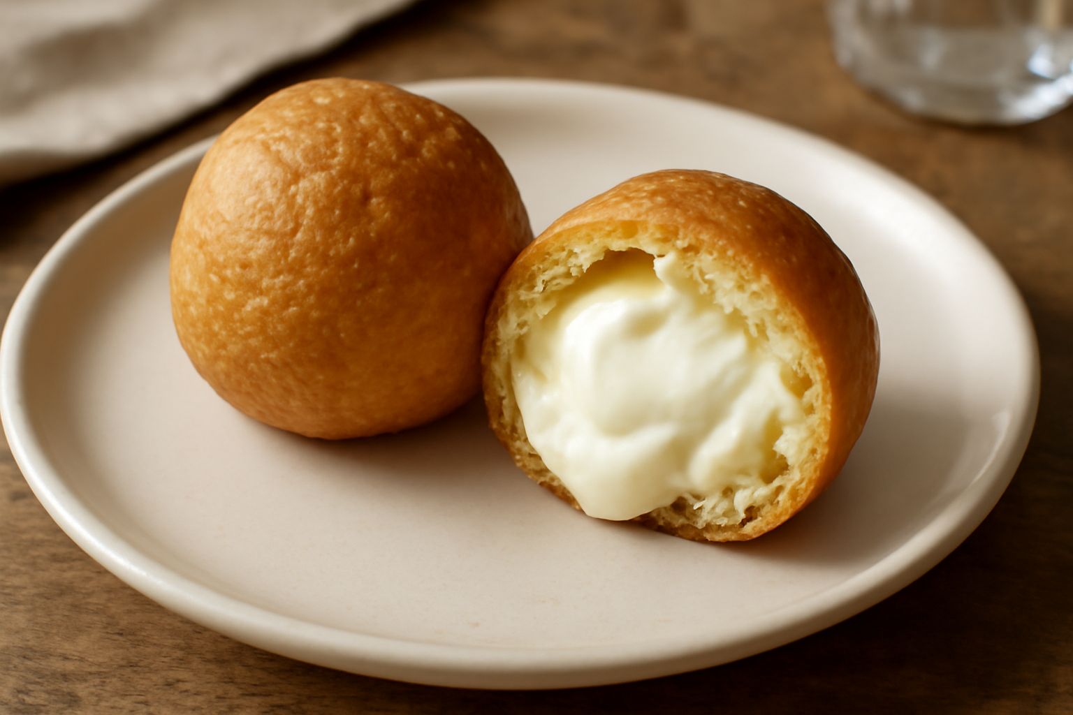 Sei bignè dorati e tondi disposti su un piatto bianco, cosparsi di zucchero a velo, con una sfogliatella di crema che fuoriesce leggermente da uno spaccato sulla superficie