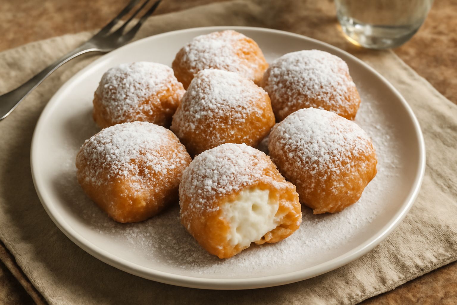 Bignè di San Giuseppe dorati e croccanti su un piatto bianco, ricoperti di zucchero a velo, con dentro visibile la crema ricotta color panna. Accanto una spolverata di zucchero semolato in primo piano