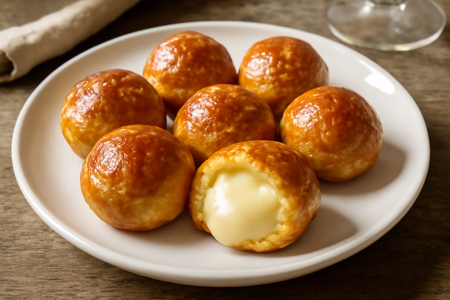 Bignè dorati e lucenti impilati su un piatto bianco, taglio trasversale che mostra la crema pasticcera beige e cremosa all'interno, superficie caramellata