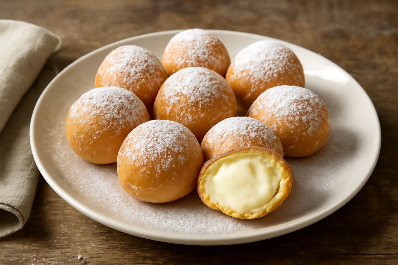 Sei bignole dorate e lucenti disposte su piatto bianco, coperte di zucchero a velo, alcune tagliate a metà per mostrare la crema bianca cremosa dentro