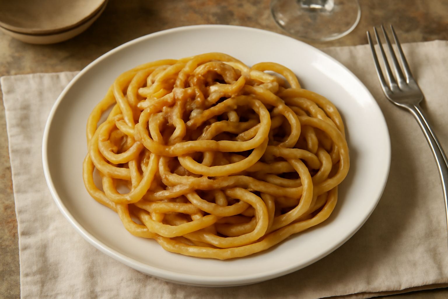 Bigoli appena cotti in un piatto bianco, ricoperti di ragù scuro, con un filo di olio crudo e formaggio grattugiato, vapore ancora visibile