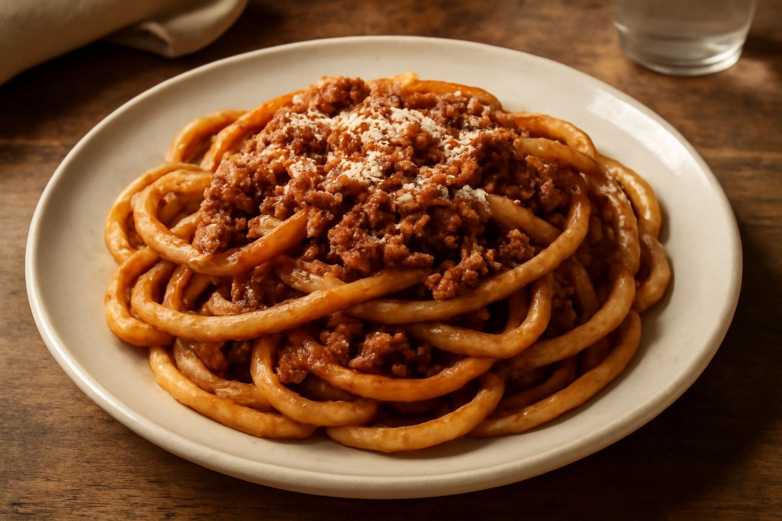 Piatto di bigoli spessi e ondulati al ragù, ricoperti di ragù marrone-rossiccio, grattugia di parmigiano giallo su cima, serviti in piatto bianco fondo