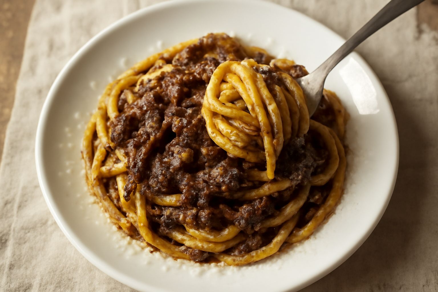 Piatto di bigoli al ragù d'anatra: pasta lunga ondulata ricoperta di ragù scuro e denso, con particelle visibili di carne d'anatra, guarnito con parmigiano grattugiato e prezzemolo fresco, su fondo bi