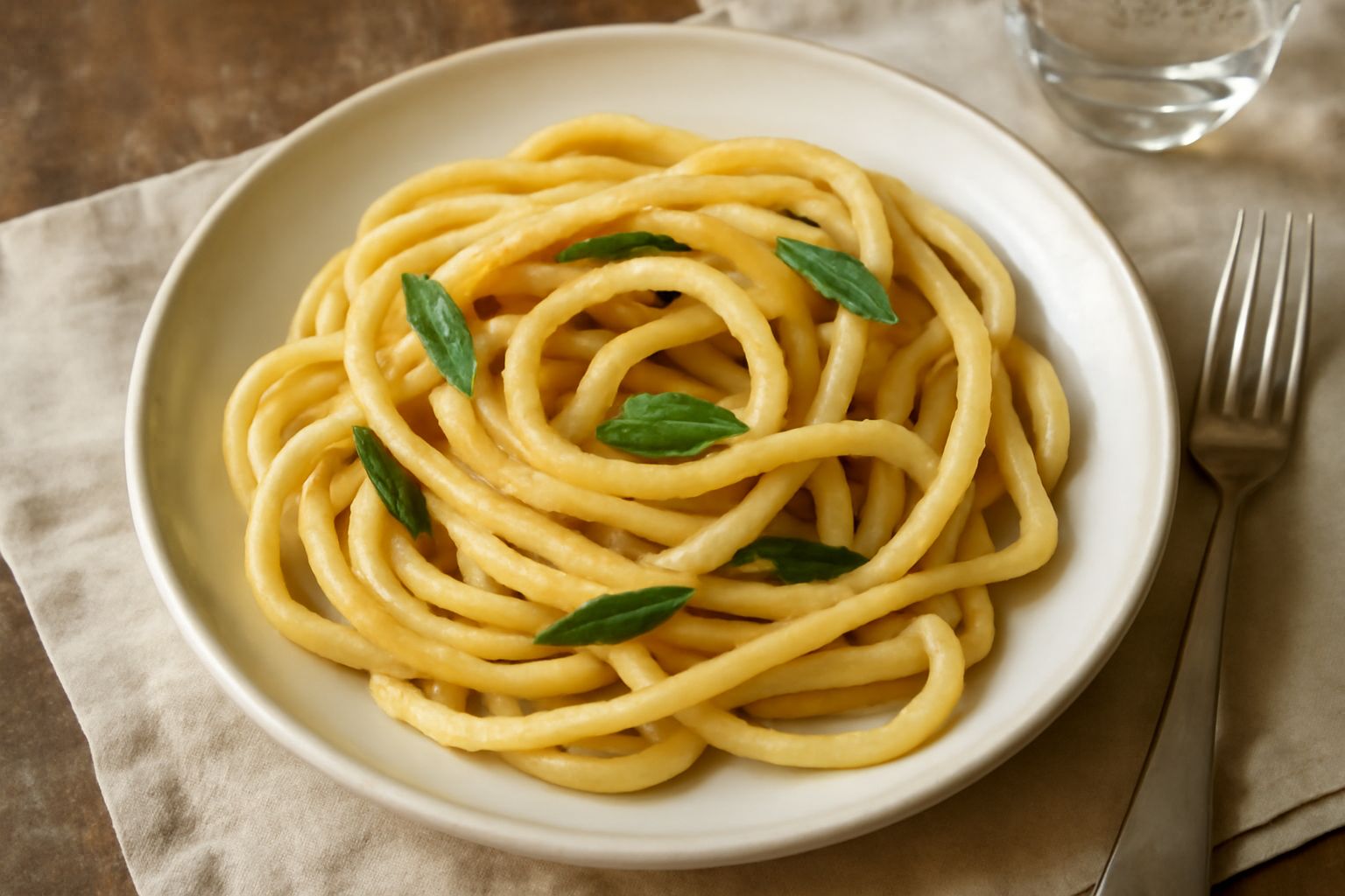 Piatto di bigoli all'uovo giallognoli arrotolati, conditi con ragù di carne scura, cosparsi di parmigiano grattugiato bianco, serviti in ciotola di ceramica bianca su tavolo di legno