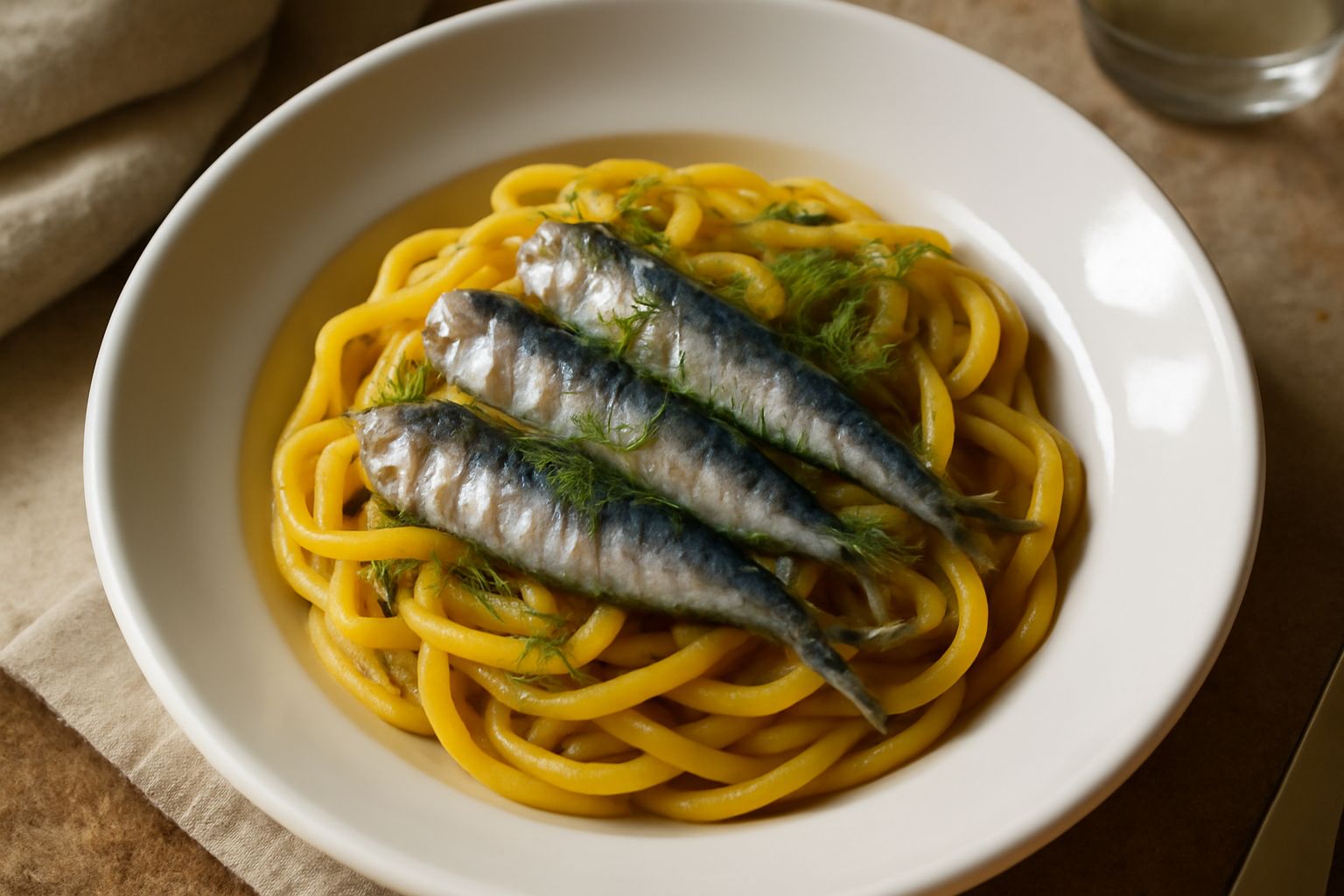Piatto fondo di bigoli color giallo-ambra con sarde intere disposte in superficie, finocchietto verde, fili di zafferano rosso e olio brillante, servito su piatto bianco