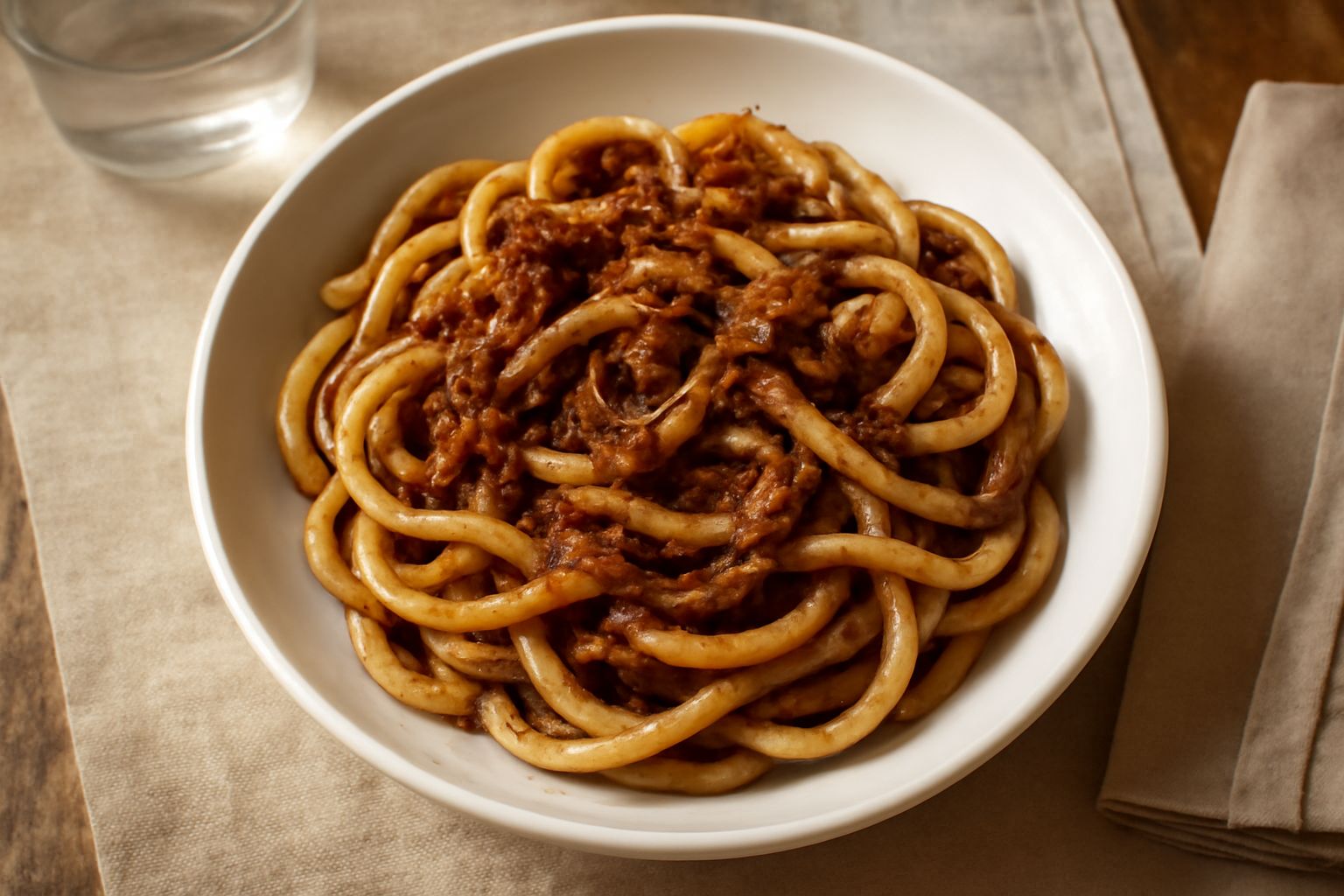 Piatto di bigoli con ragù di oca servito in una ciotola bianca, pasta spessa e porosa ricoperta di sugo scuro e pezzi di carne morbida, guarnito con formaggio grattugiato leggero