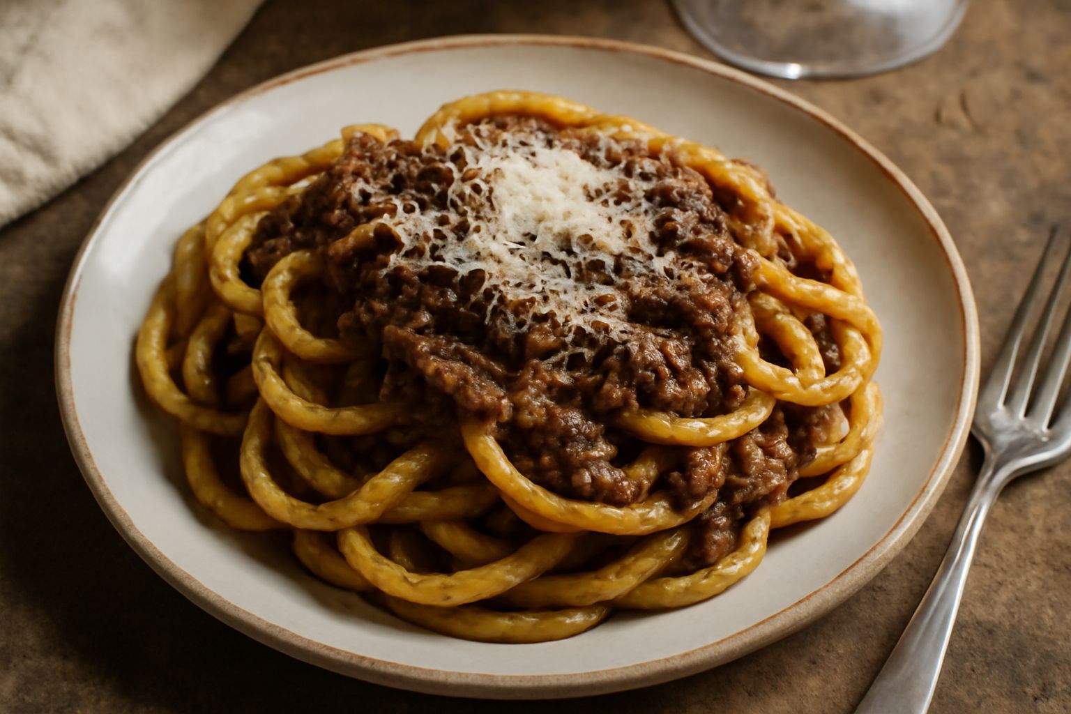Piatto di bigoli d'anatra con pasta spessa e ruvida ricoperta di ragù scuro, guarnito con parmigiano grattugiato e un filo di olio, servito su piatto bianco fondo con cucchiaio di legno accanto