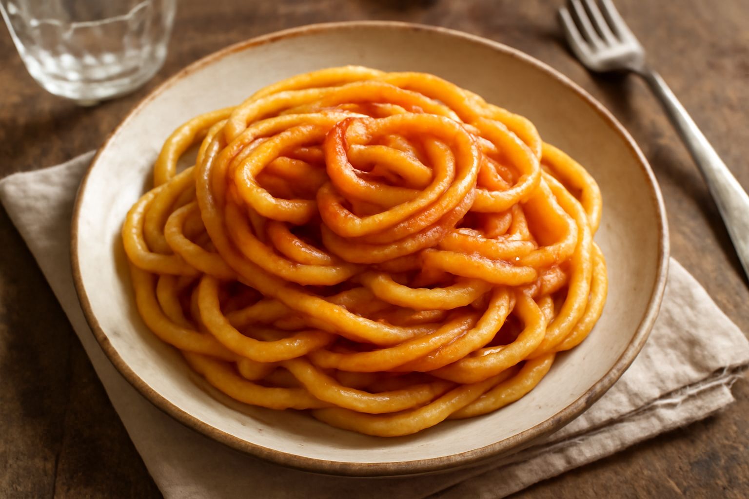 Bigoli di semola gialli e porosi sdraiati in un nido su un piatto bianco, spolverati di farina bianca, con una schiacciapasta di legno sullo sfondo