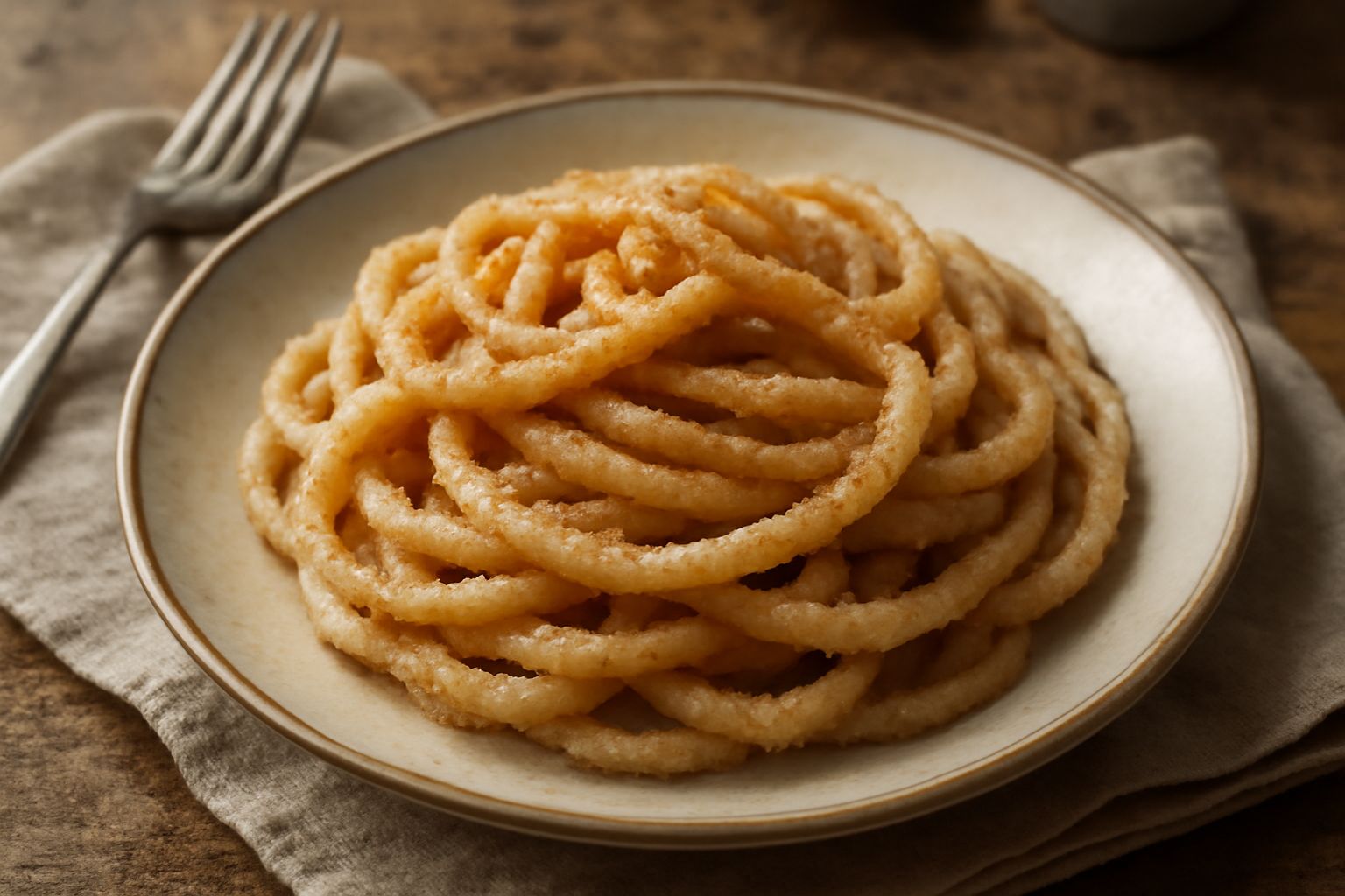 Piatto di bigoli dolci dorati e ondulati ricoperti di zucchero granulato e cannella in polvere, con un filo di burro fuso. Sfondo di legno scuro.