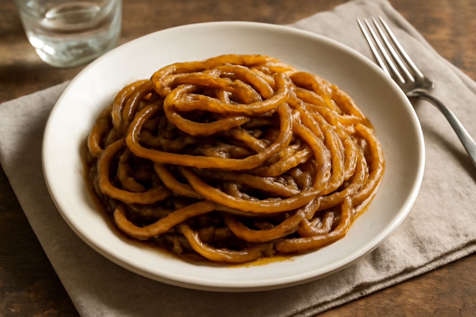 Bigoli intrecciati in salsa scura su piatto bianco, acciughe visibili nella salsa di cipolla, olio d'oliva che scintilla, piastre di bigolo grezzo a lato