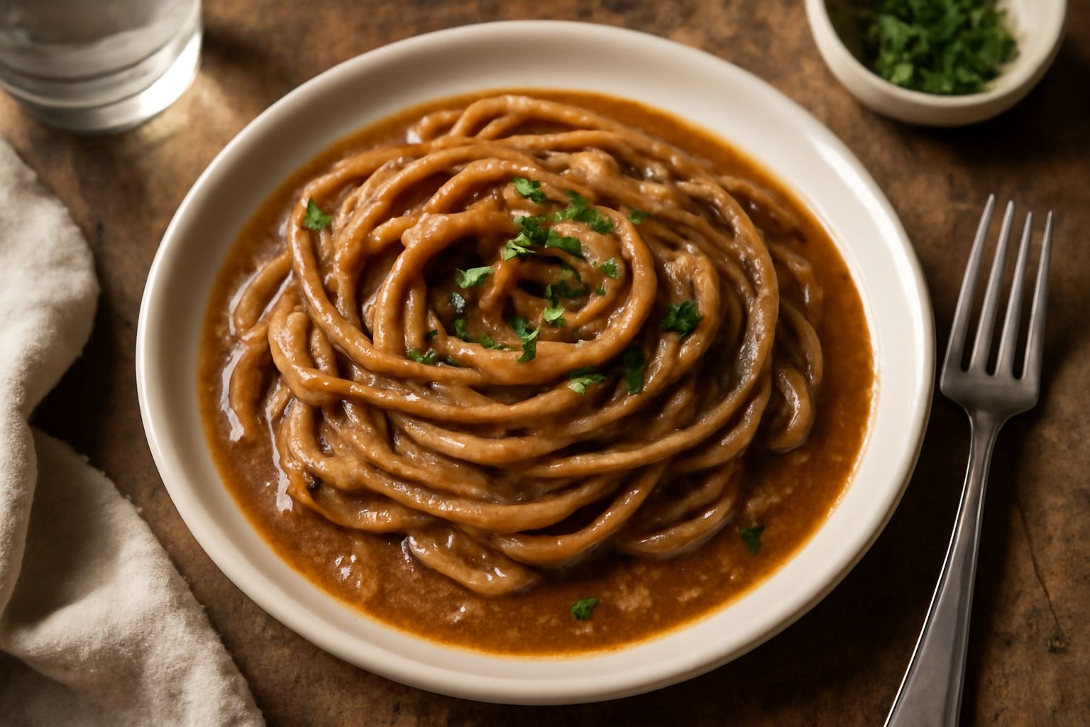 Piatto bianco con bigoli conditi in salsa di acciughe e cipolle, guarnito con prezzemolo verde, in ciotola di portata con forchetta di legno accanto