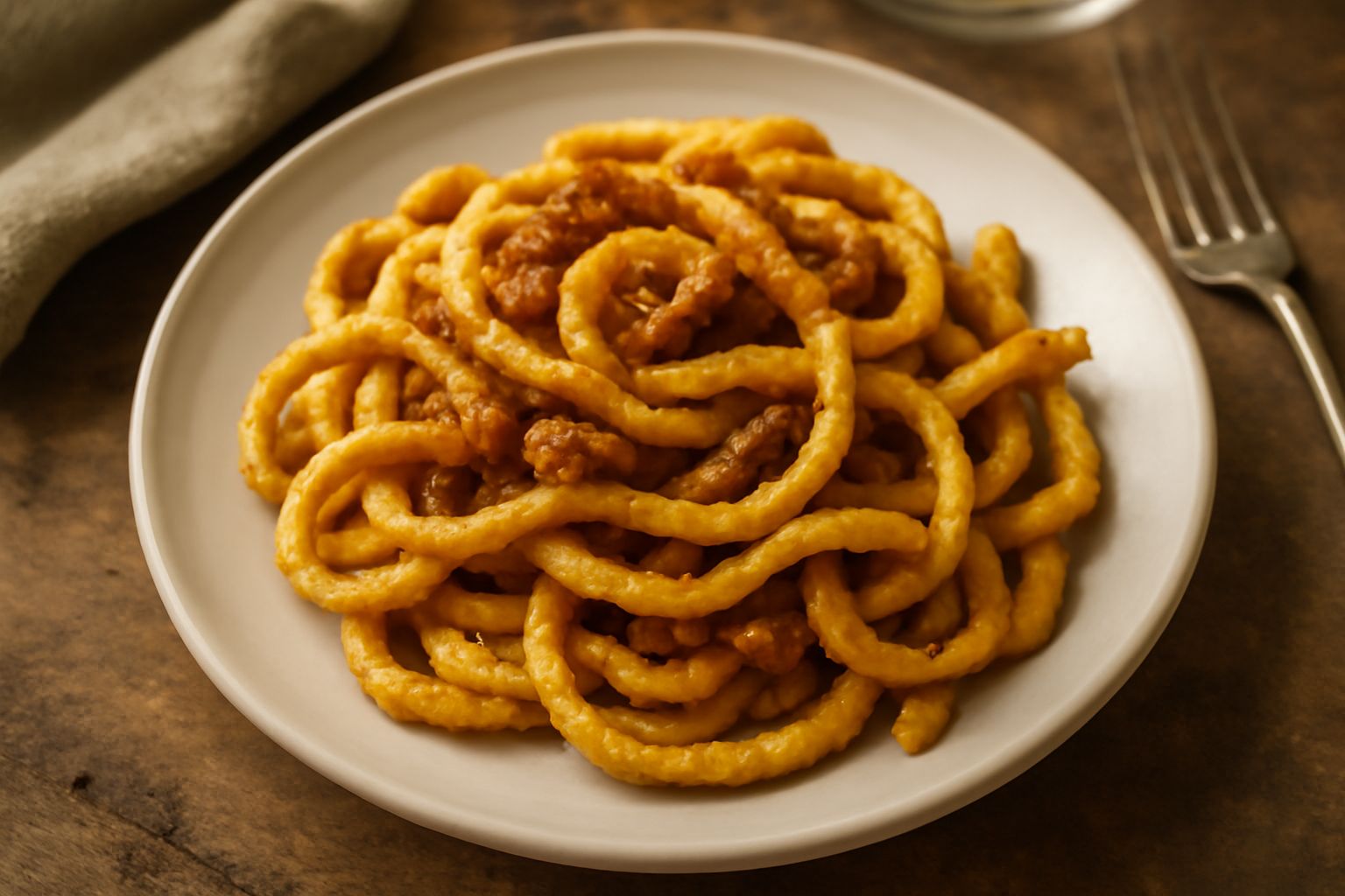 Bigoli intorti appena cotti su un piatto bianco, colore giallo dorato, forma torcigliata e irregolare, serviti con sugo di carne e parmigiano grattugiato