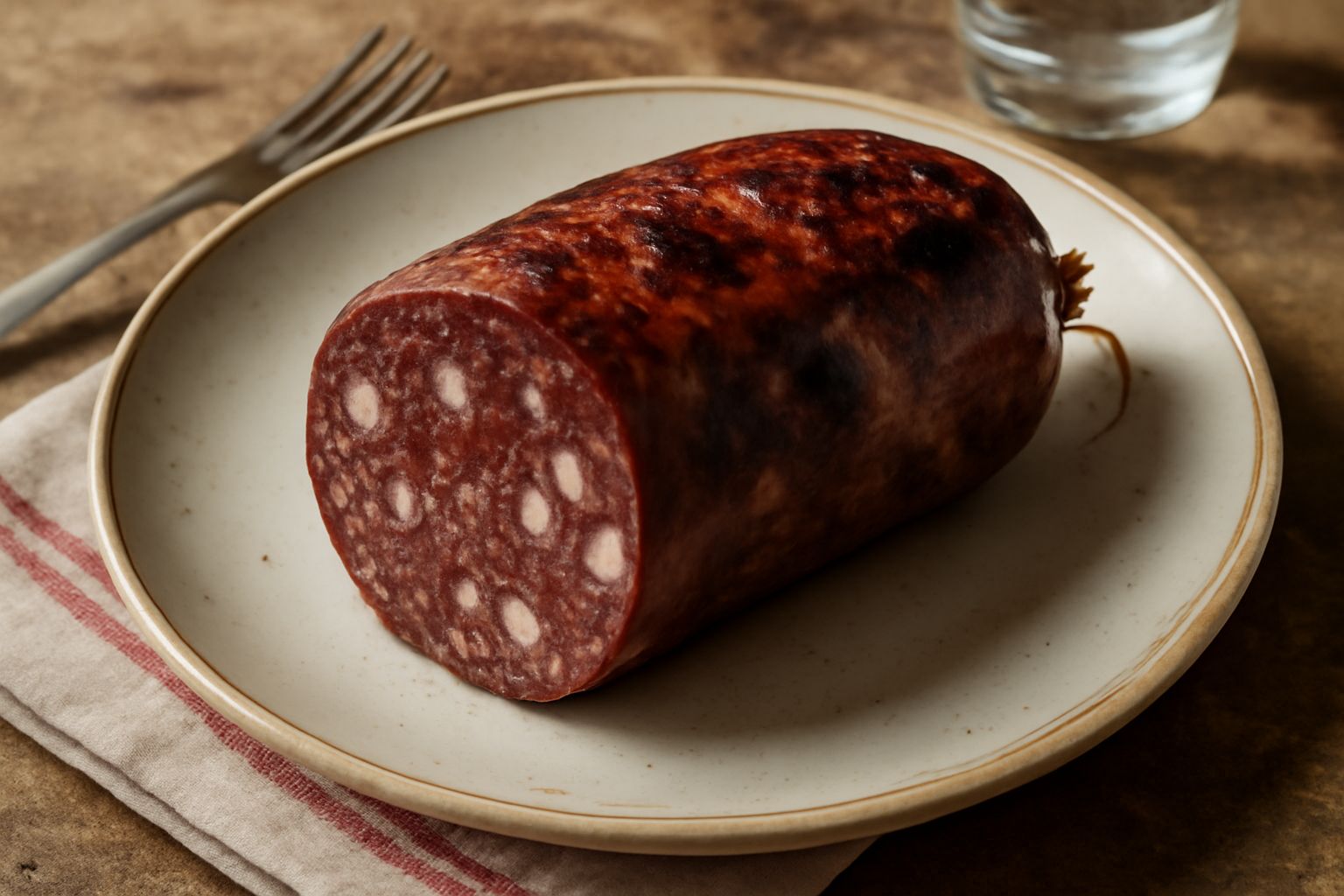 Fette di biroldo scuro con marezzatura di grasso e spezie visibili su un tagliere di legno, accanto a pane toscano e un bicchiere di vino rosso