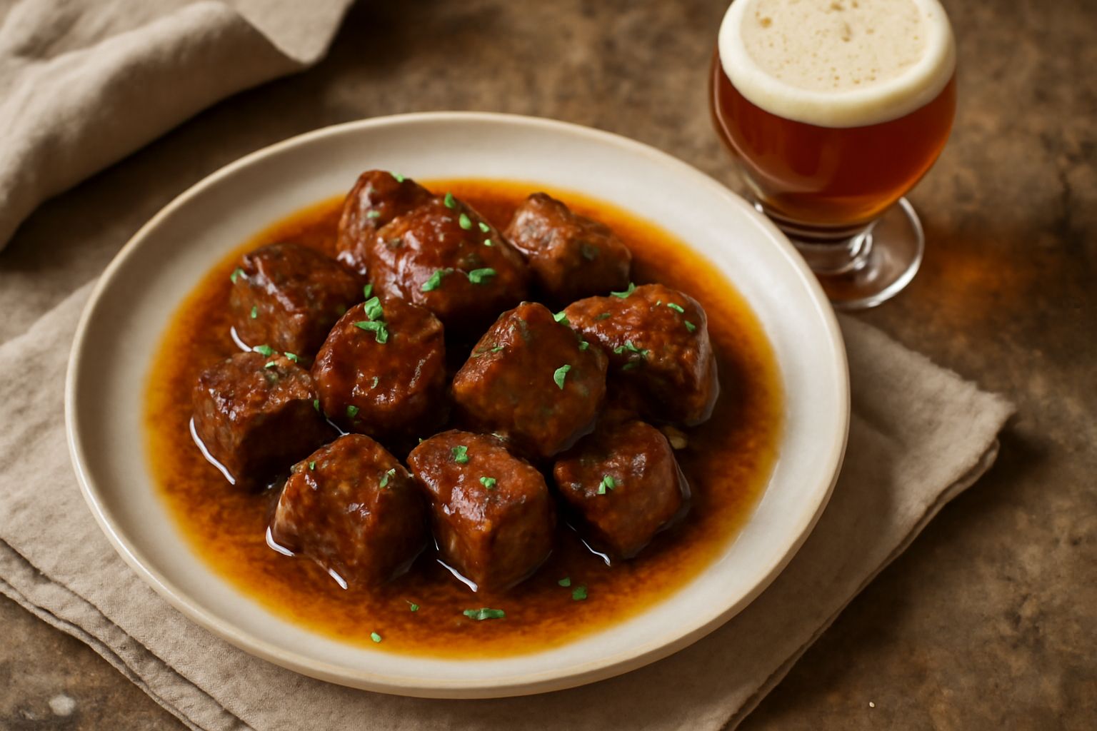 Bicchiere di birra ambrata abruzzese con schiuma cremosa color avorio, accanto a una ciotola di marinata con erbe aromatiche fresche e una bistecca di manzo crudo