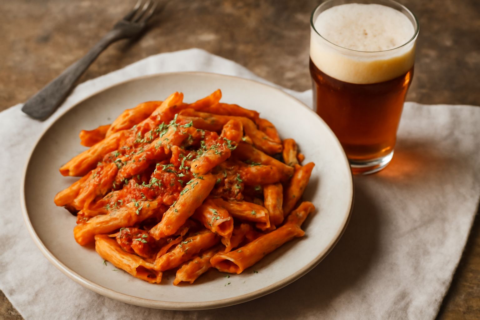 Tre bicchieri da birra con birre di colore dorato, ambrato e scuro su un tavolo di legno, con spuma bianca in ognuno e bottiglie sullo sfondo