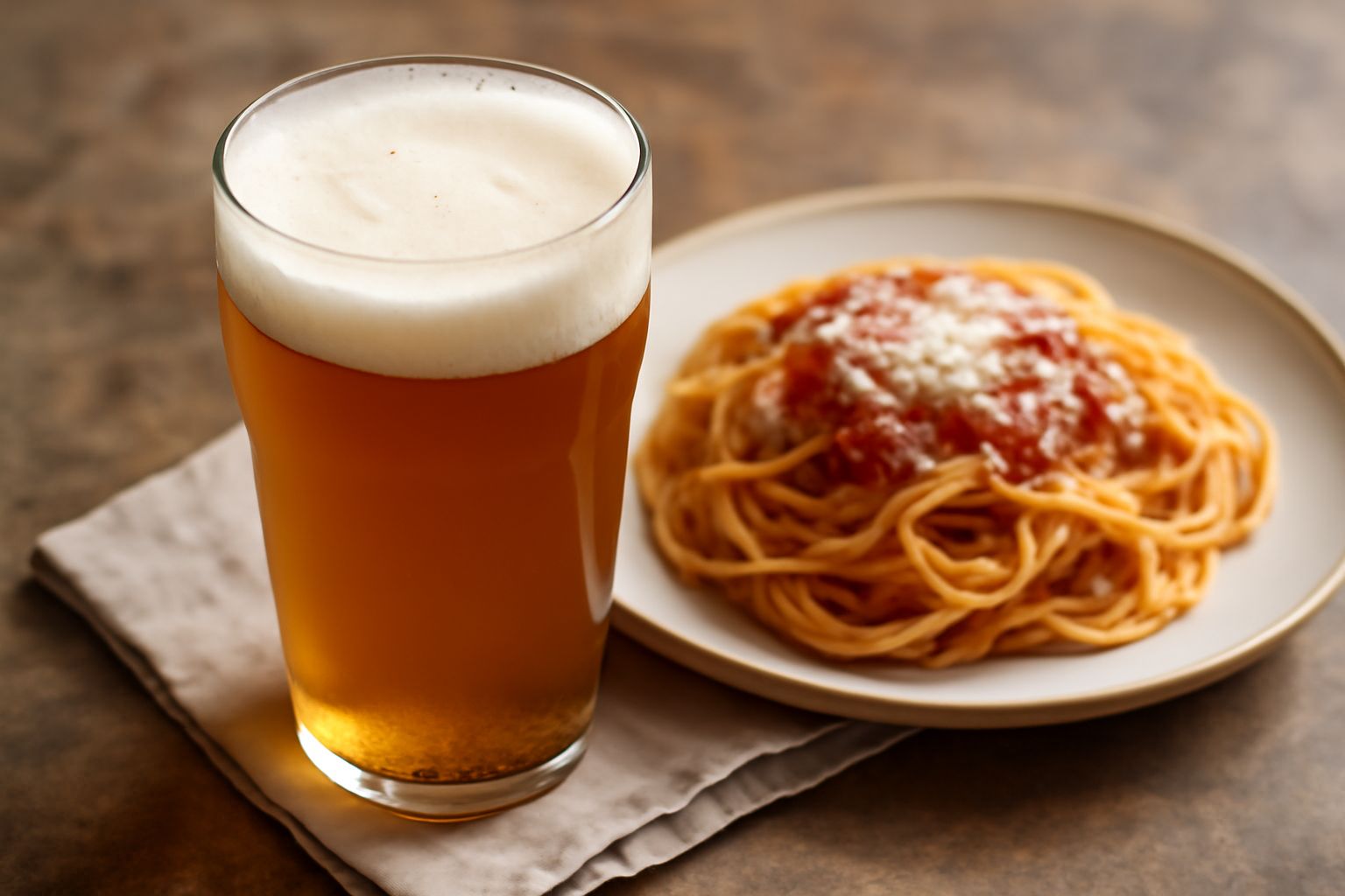 Bicchiere di birra dorata e trasparente con schiuma cremosa, accanto a spighe di orzo e fiori di luppolo su un tavolo di legno scuro