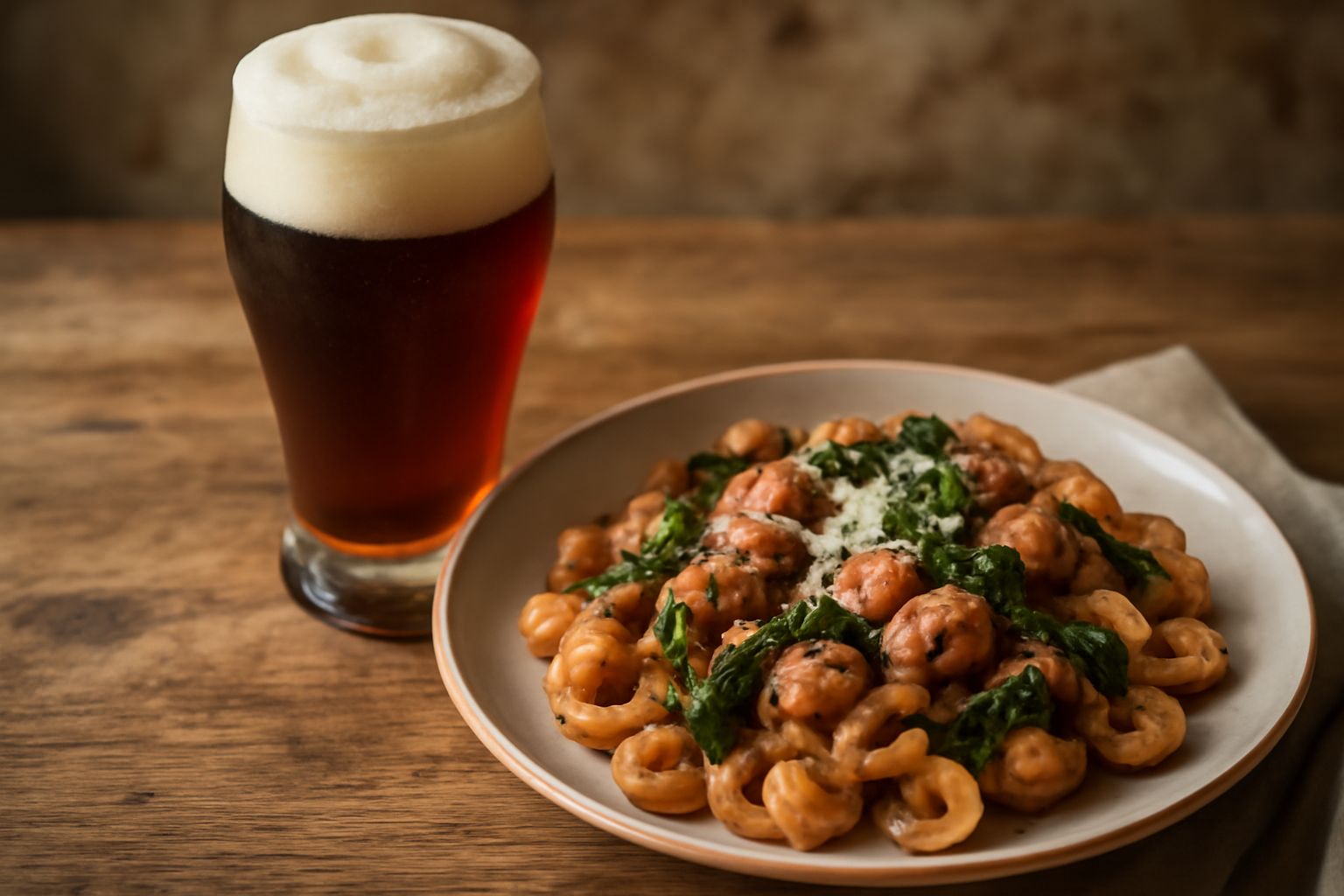 Bicchiere di birra ambrata con schiuma cremosa, seduto su un tavolo in legno grezzo, con in sottofondo bottiglie di birra artigianale e luppoli secchi