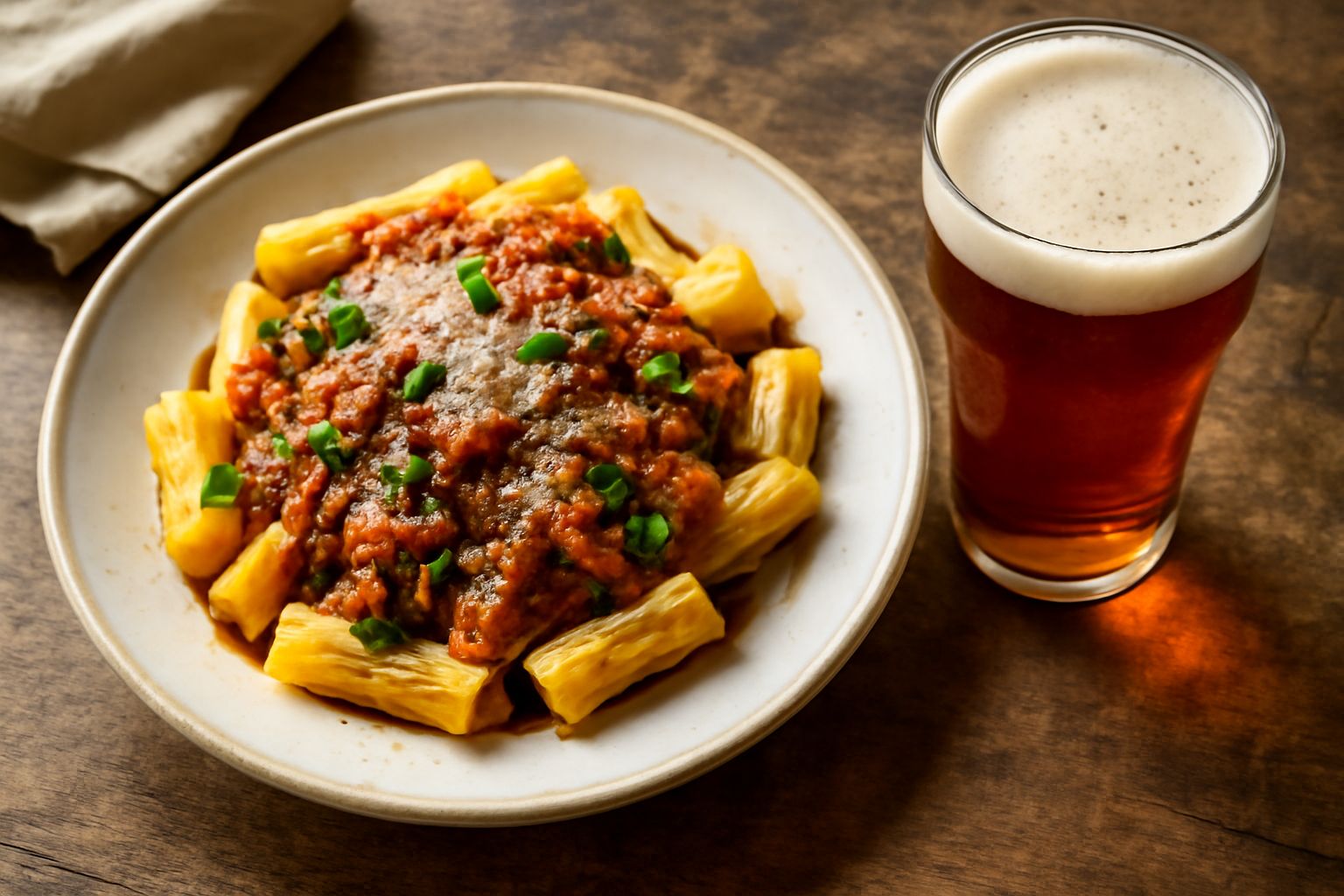 Bicchiere di birra ambrata riminese con schiuma compatta, accanto a ingredienti locali come orzo e luppolo, su tavolo di legno naturale con sfondo di colline della Romagna
