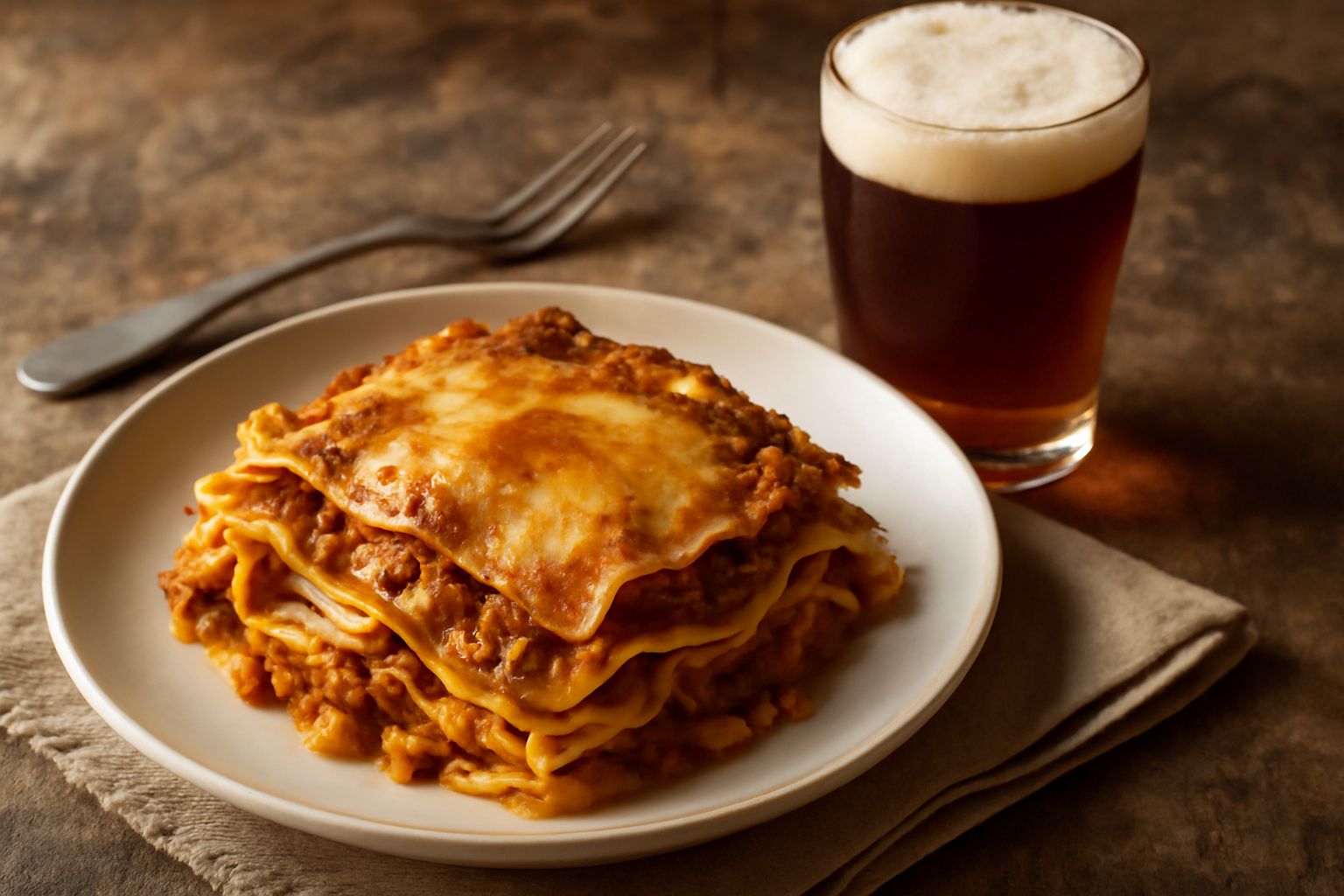 Bicchiere di birra ambrata con schiuma cremosa, accompagnato da malti cereali, coni di luppolo fresco e un termometro su un tavolo di legno scuro