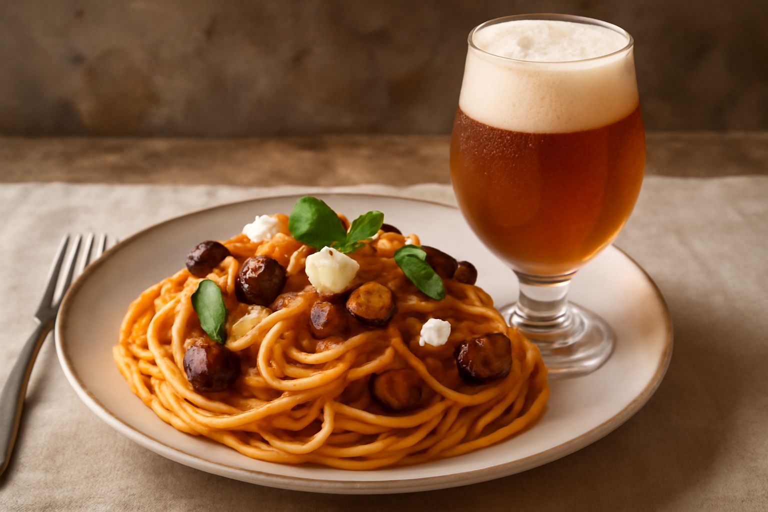 Bicchiere di birra ambrata con schiuma densa e stabile, colore dorato acceso, seduto su un tavolo di legno con chicchi di malto e spighe di luppolo accanto