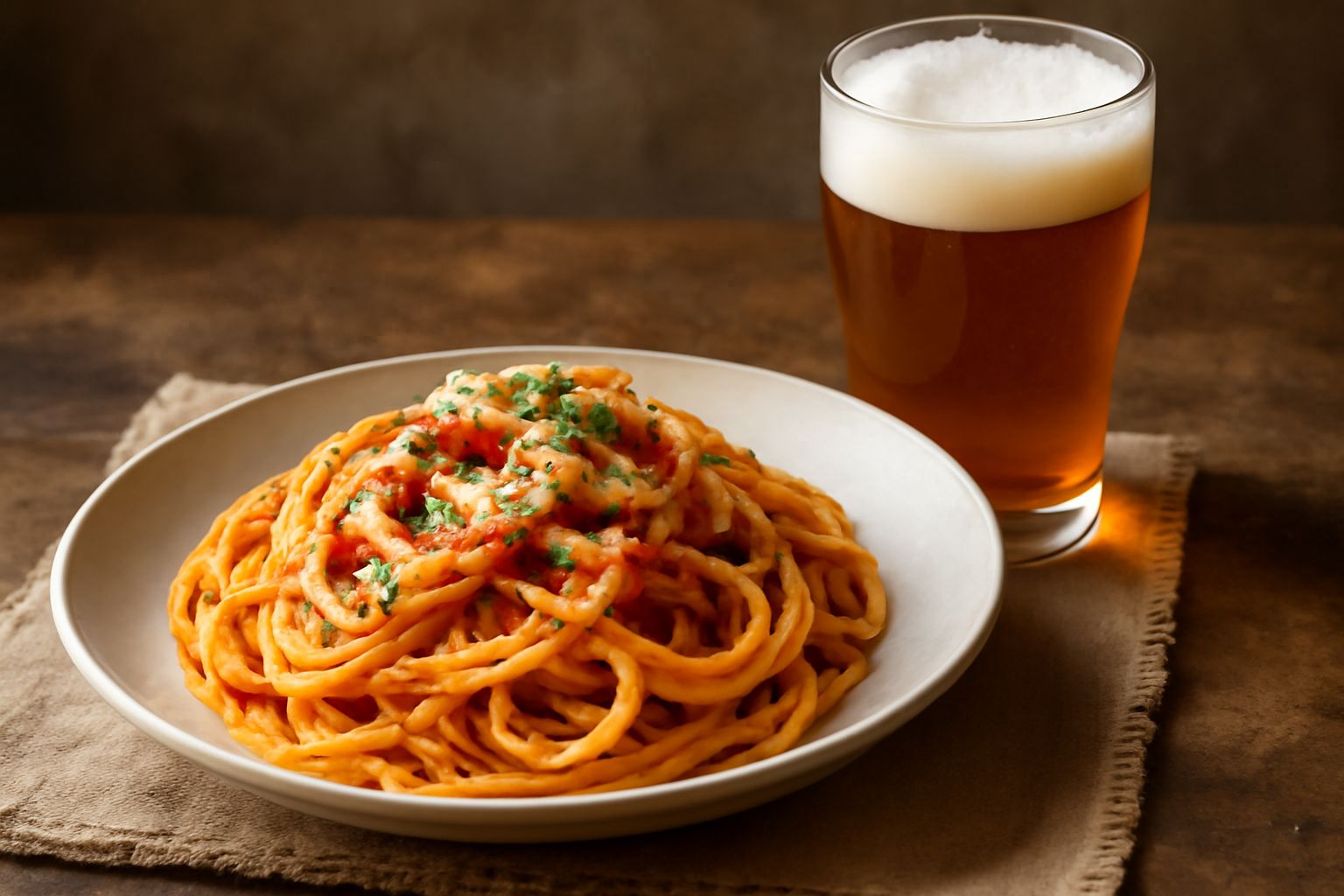 Bicchiere da birra riempito con birra ambrata trasparente, schiuma cremosa color avorio sulla superficie, bicchiere di vetro spesso su sfondo di legno scuro con accanto spighe di orzo e coni di luppol
