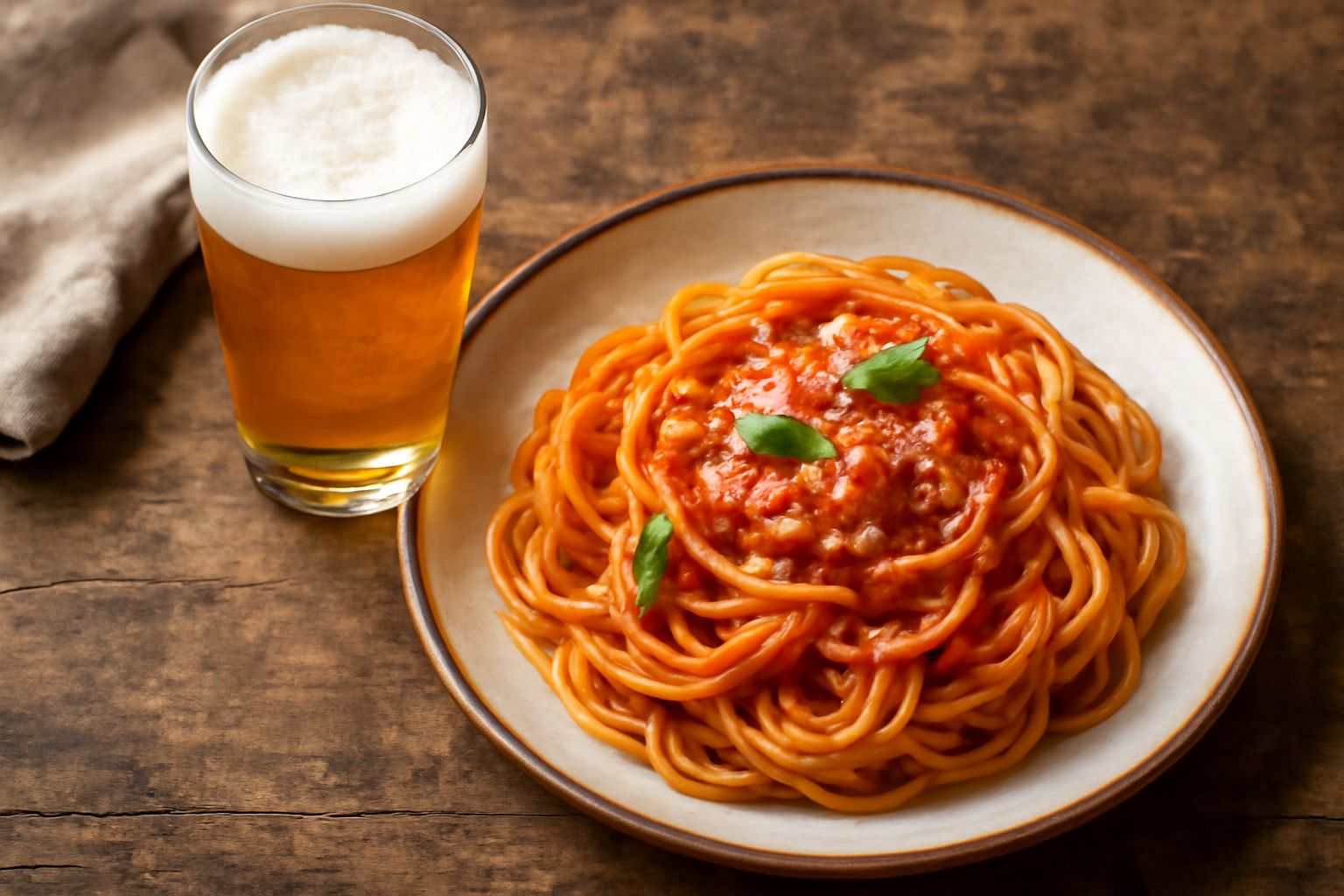 Bicchiere di birra ambrata con schiuma compatta, colore dorato trasparente, servito su tavolo di legno con chicchi di malto e fiori di luppolo secchi accanto
