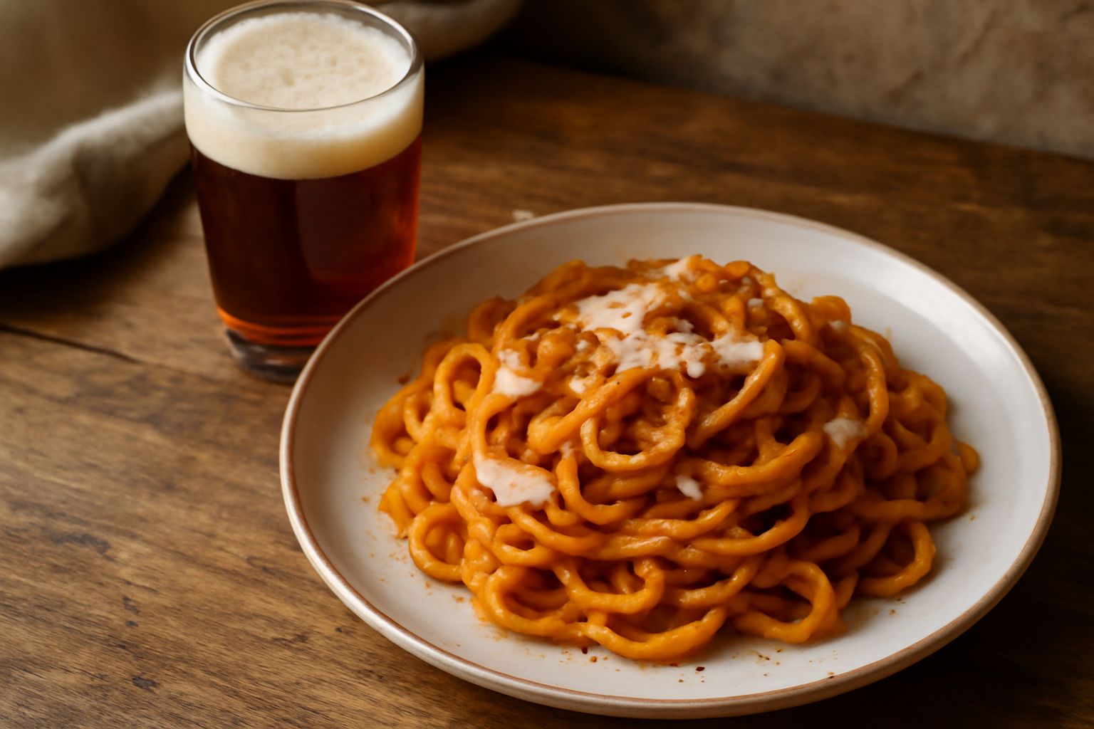 Bicchiere di birra artigianale color ambra con schiuma densa, affiancato da un piatto di polenta con funghi e formaggio di montagna, su tavolo in legno scuro con sottofondo di montagne innevate