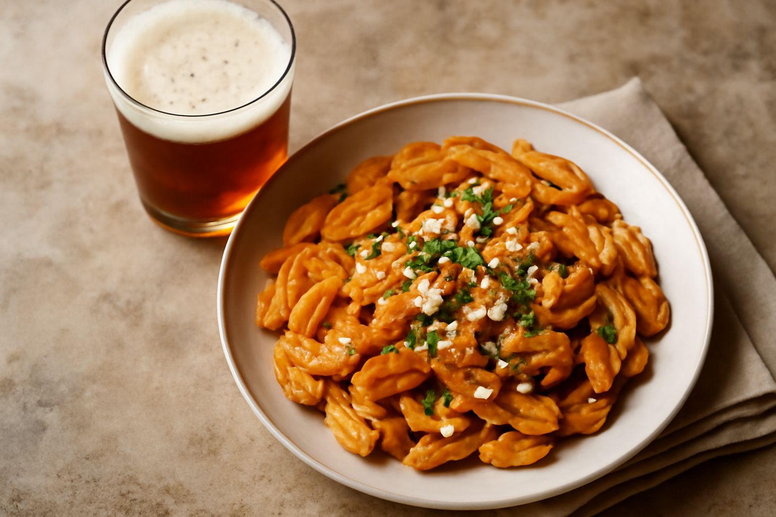 Bicchiere di birra ambrata con schiuma cremosa, posato su un tavolo di legno scuro, con spighe di orzo e rametti di erbe aromatiche accanto