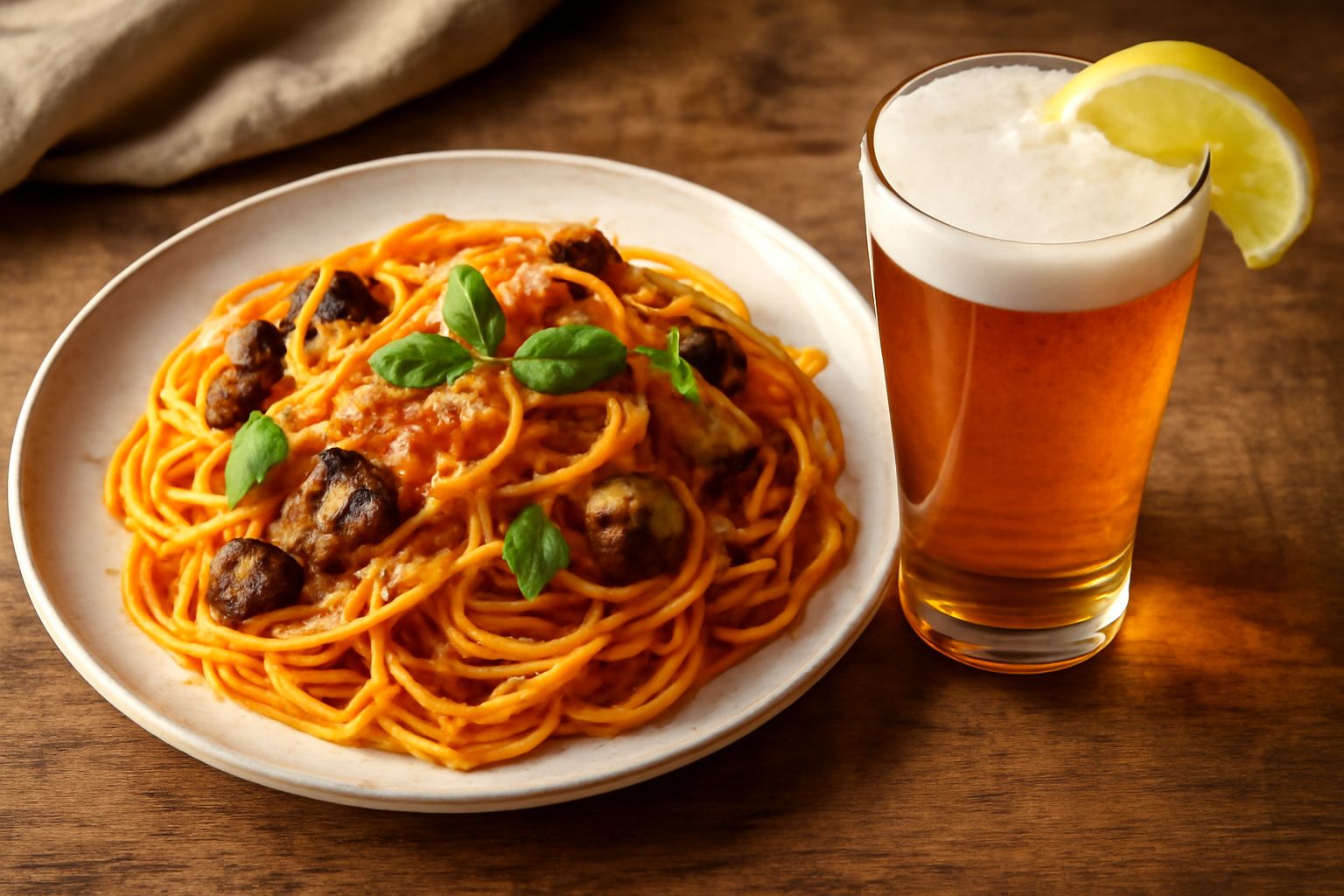 Un bicchiere di vetro trasparente pieno di birra d'orzo color ambra dorato, con schiuma leggera in cima, posato su un tavolo di legno con chicchi d'orzo sparsi accanto