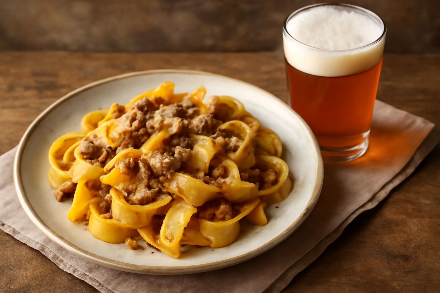 Pinta di birra color ambrato-dorato con schiuma cremosa bianca, servita in un bicchiere alto, con gocce di condensazione sulla superficie di vetro freddo