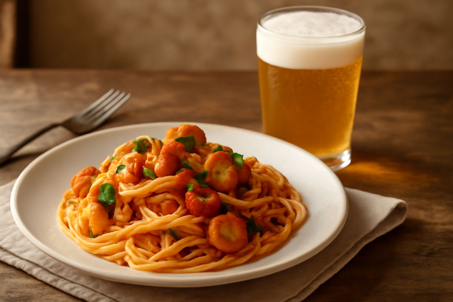 Birra Messapica color giallo paglierino in bicchiere tulipano con schiuma cremosa e stabile, gocce di condensazione sul vetro, lume di sole dorato sullo sfondo