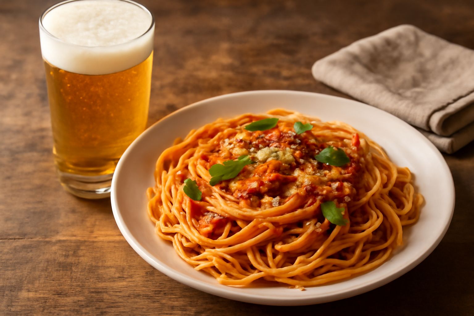 Bicchiere di birra Moretti con schiuma cremosa e dorata, servito accanto a un piatto di pasta al ragù, tavolo di legno scuro, luce naturale